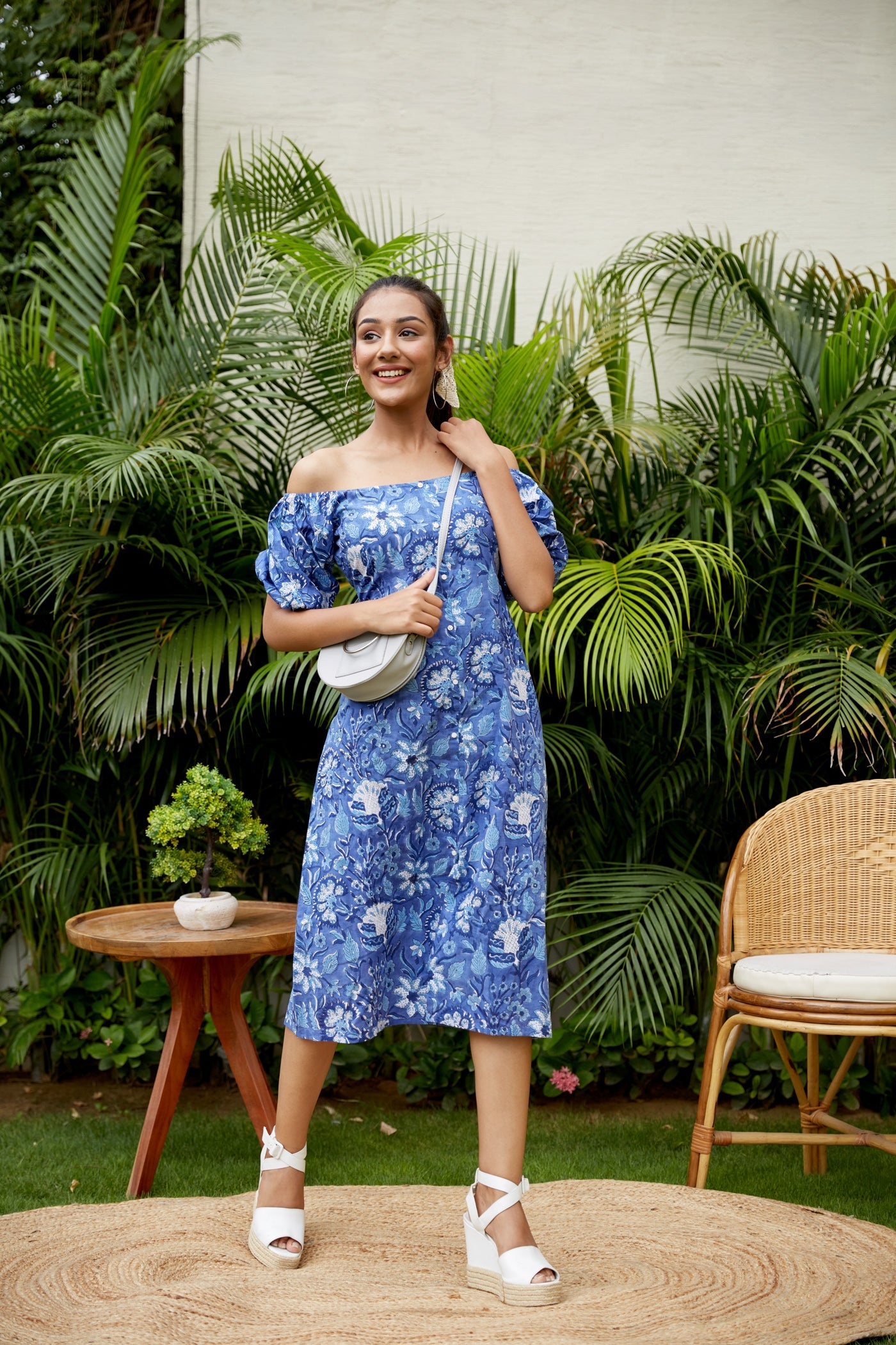 Blue Floral Cotton Gaga Dress