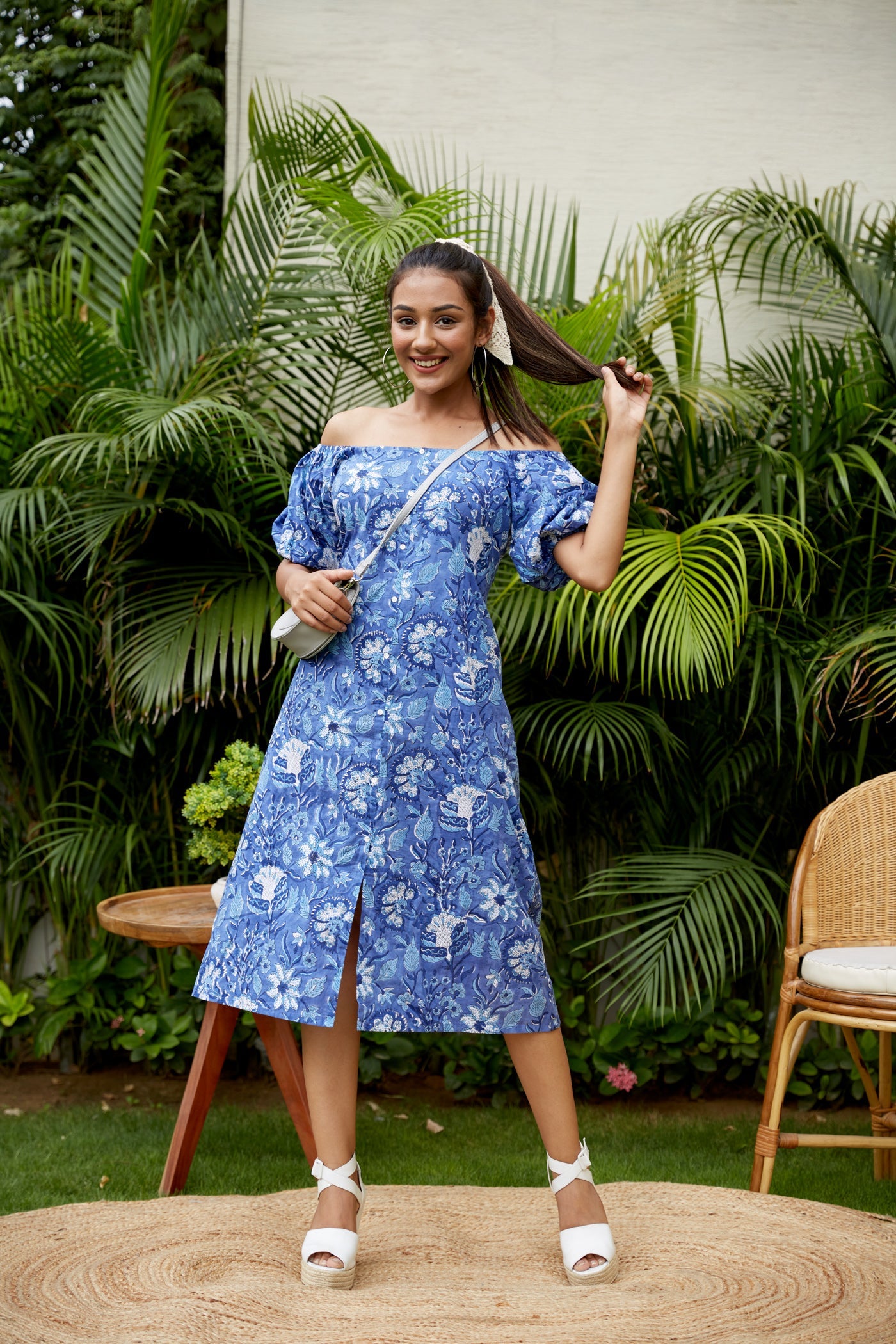 Blue Floral Cotton Gaga Dress