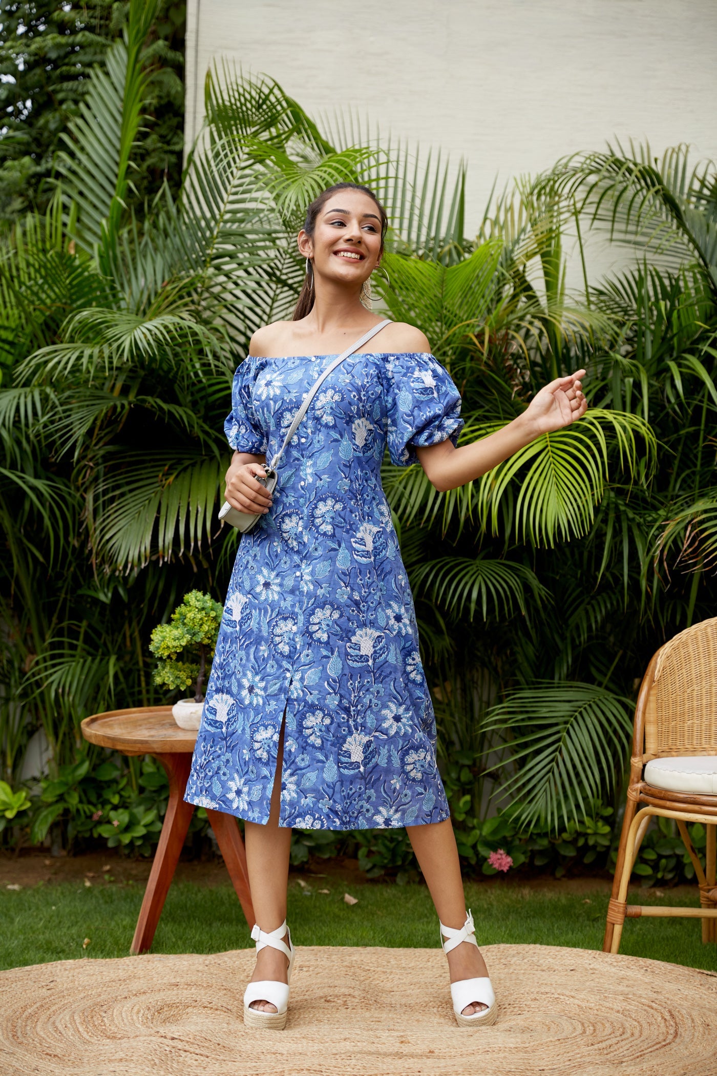 Blue Floral Cotton Gaga Dress