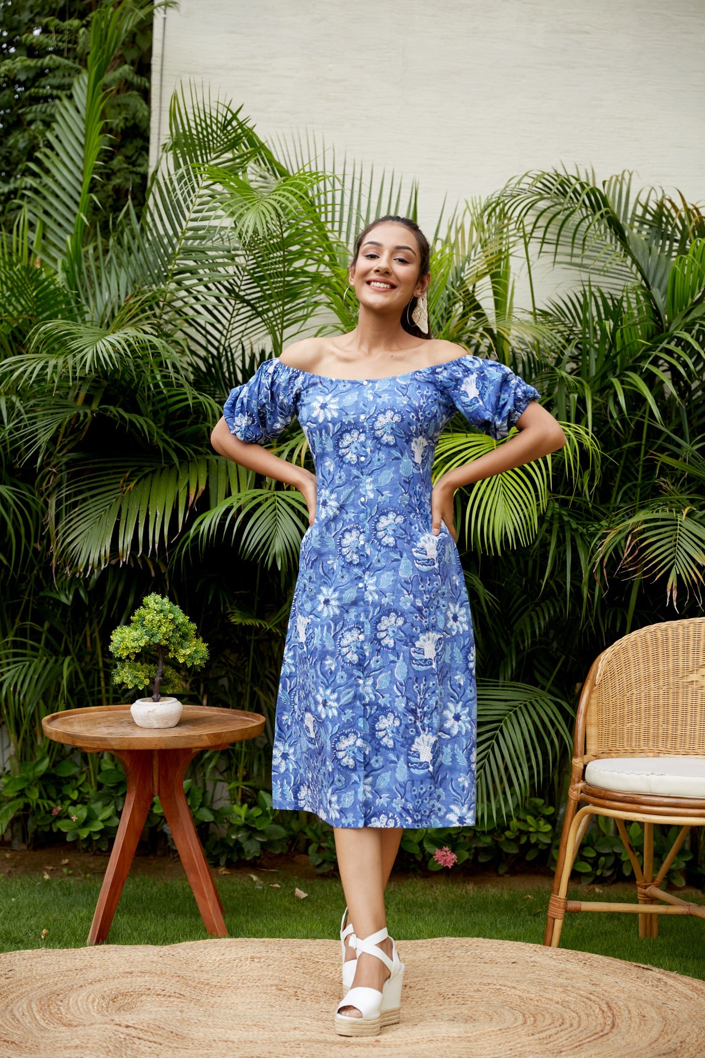 Blue Floral Cotton Gaga Dress