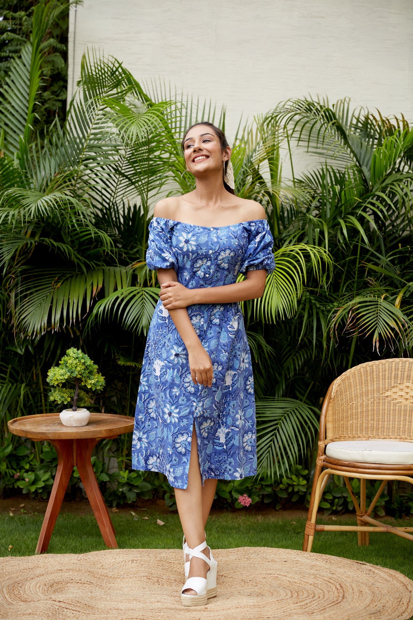 Blue Floral Cotton Gaga Dress