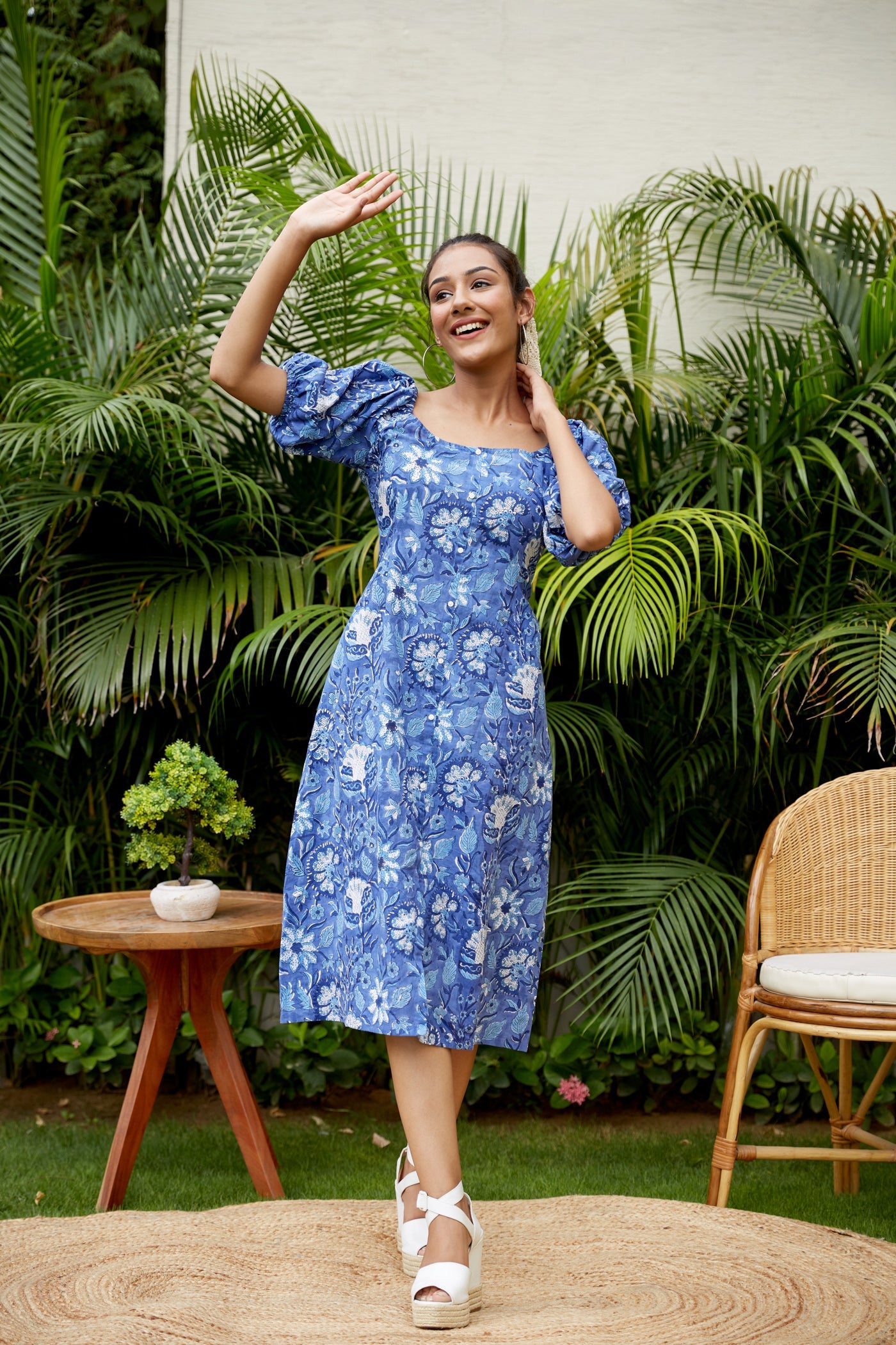 Blue Floral Cotton Gaga Dress