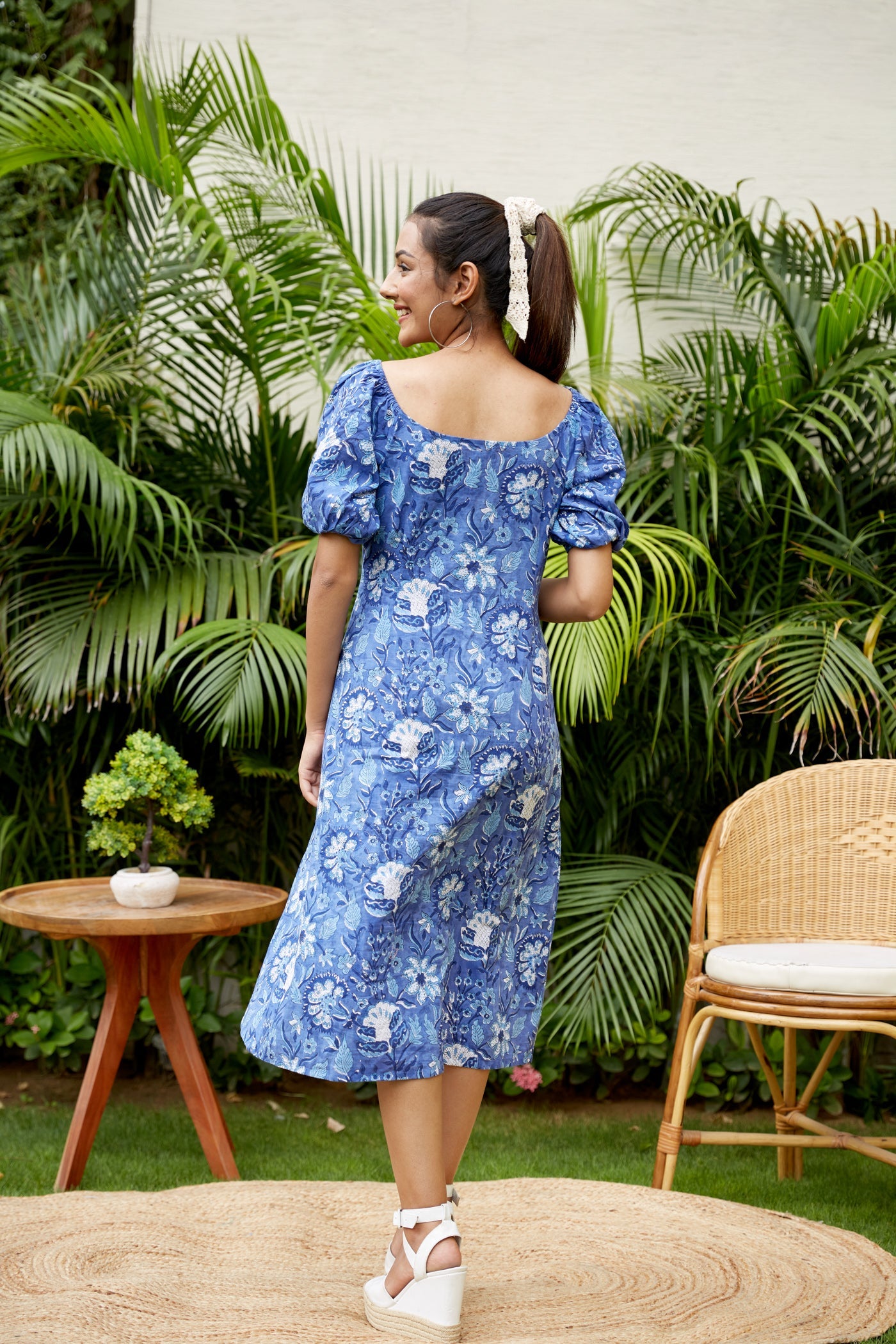 Blue Floral Cotton Gaga Dress