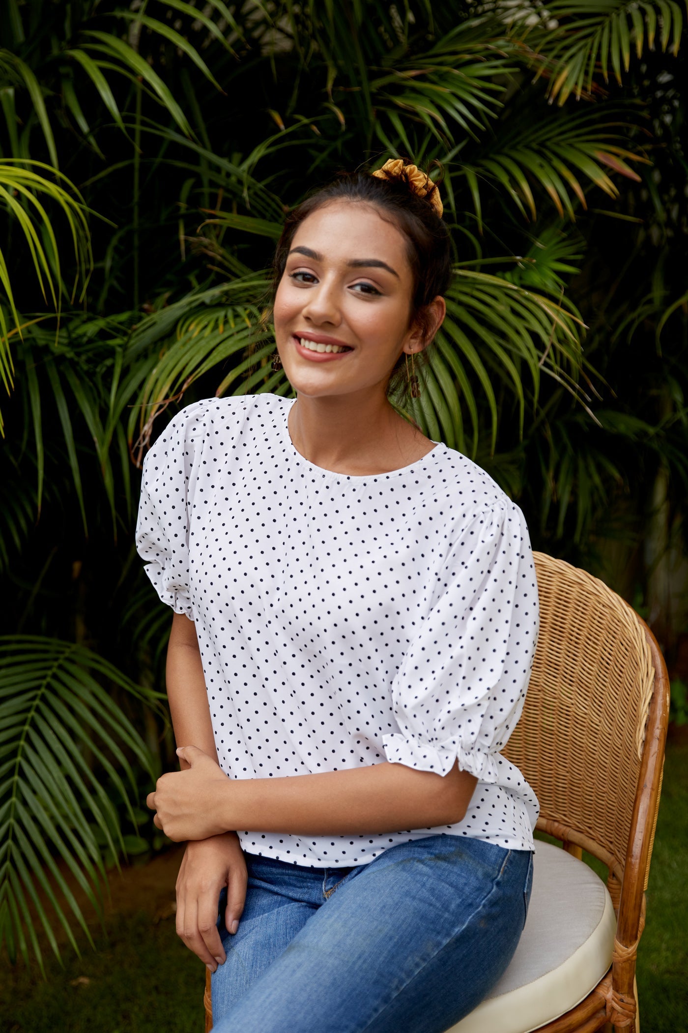 White Crepe Puff Sleeves Polka