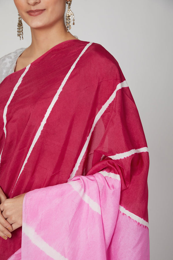 Pink Ombre Leheriya Silk Saree Set