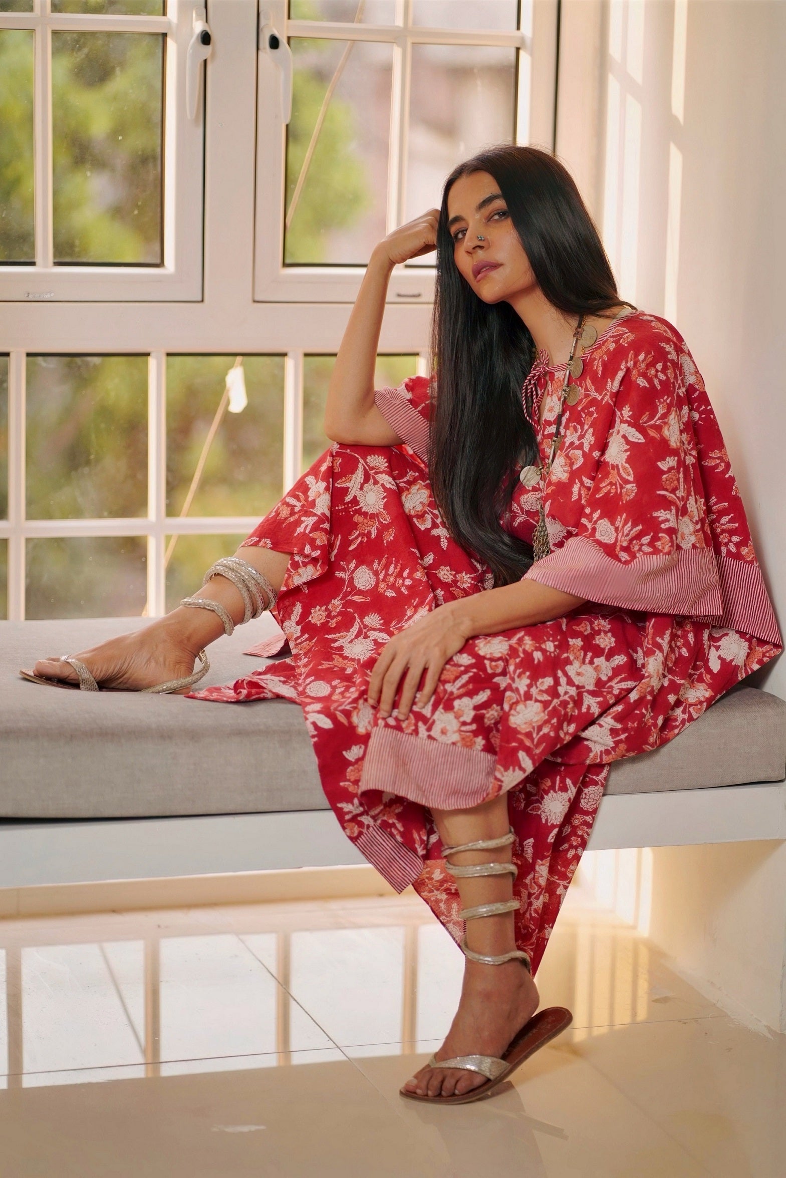 Red Floral Print Kaftan