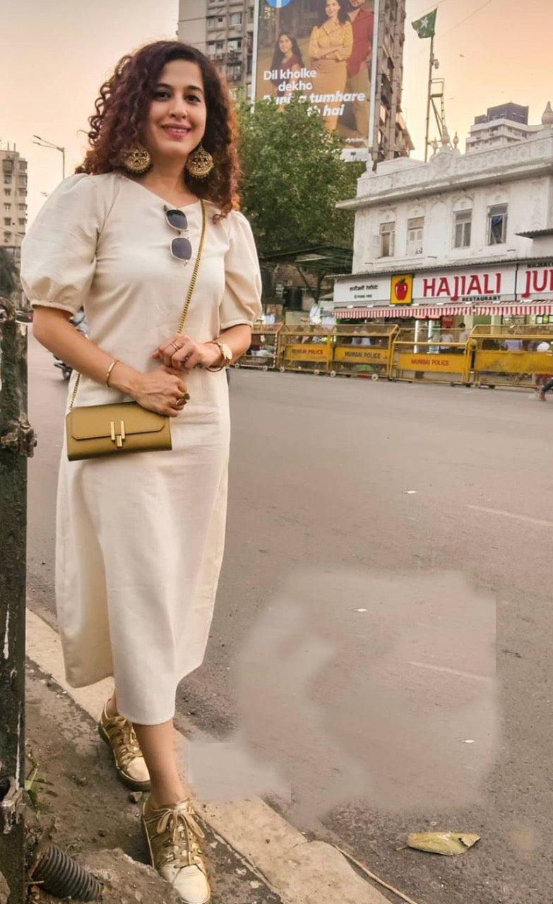Ivory Puff Sleeve Linen Midi