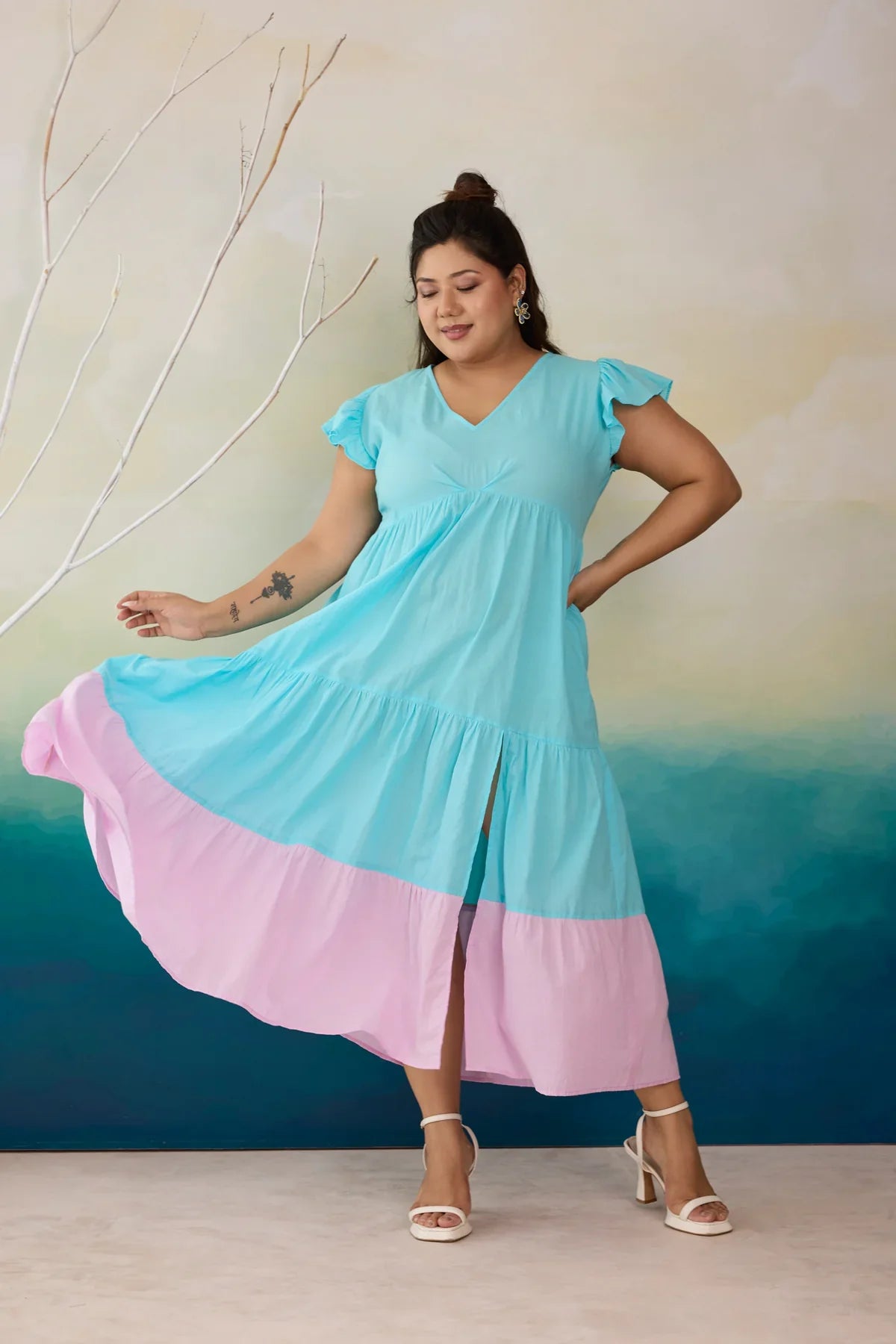 Plus-size woman confidently wearing a 2025 summer co-ord set from Nangalia Ruchira, showcasing trendy fashion that flatters every curve with comfort and style