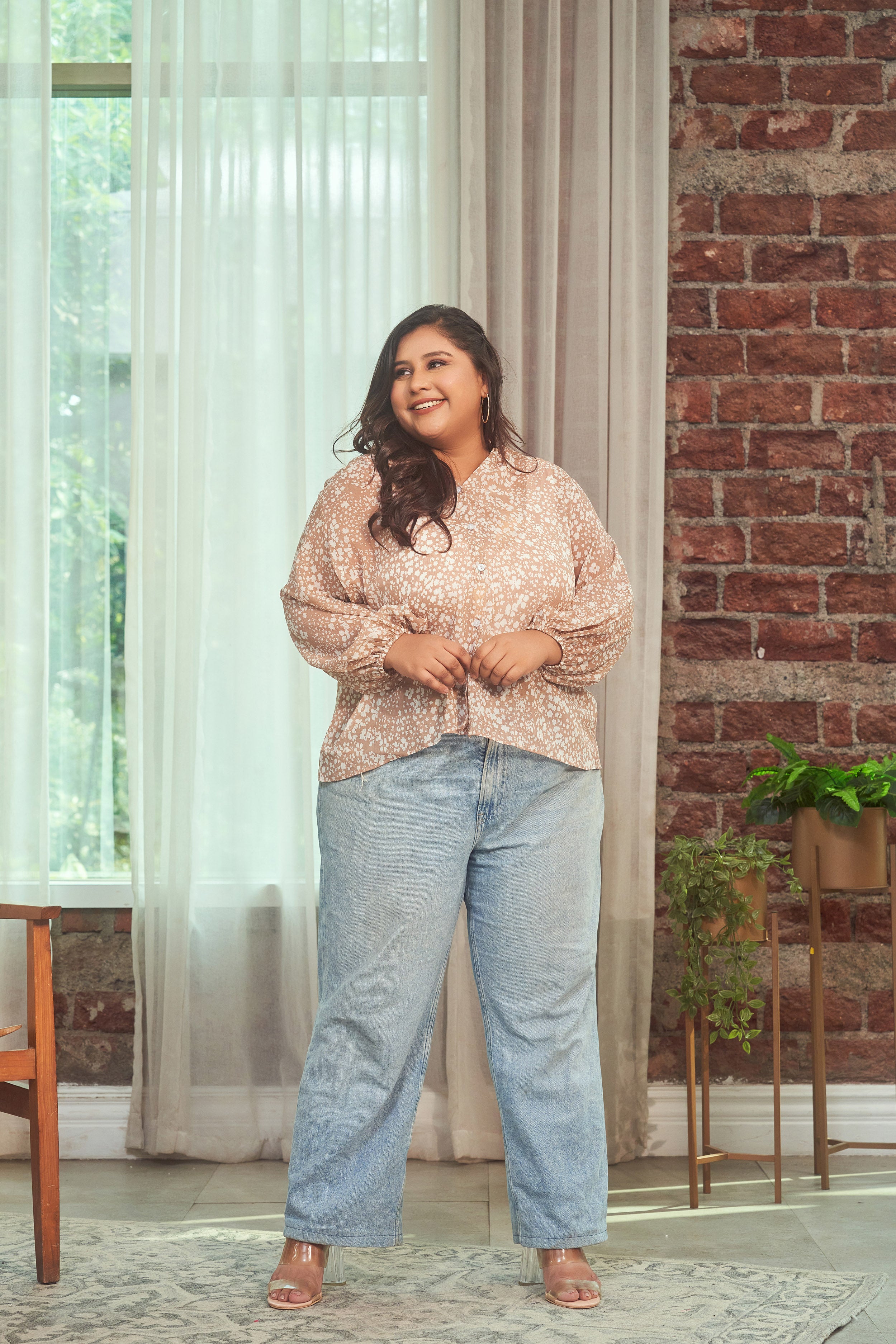 Coffee Printed Collared Georgette Shirt (ONLY SHIRT)