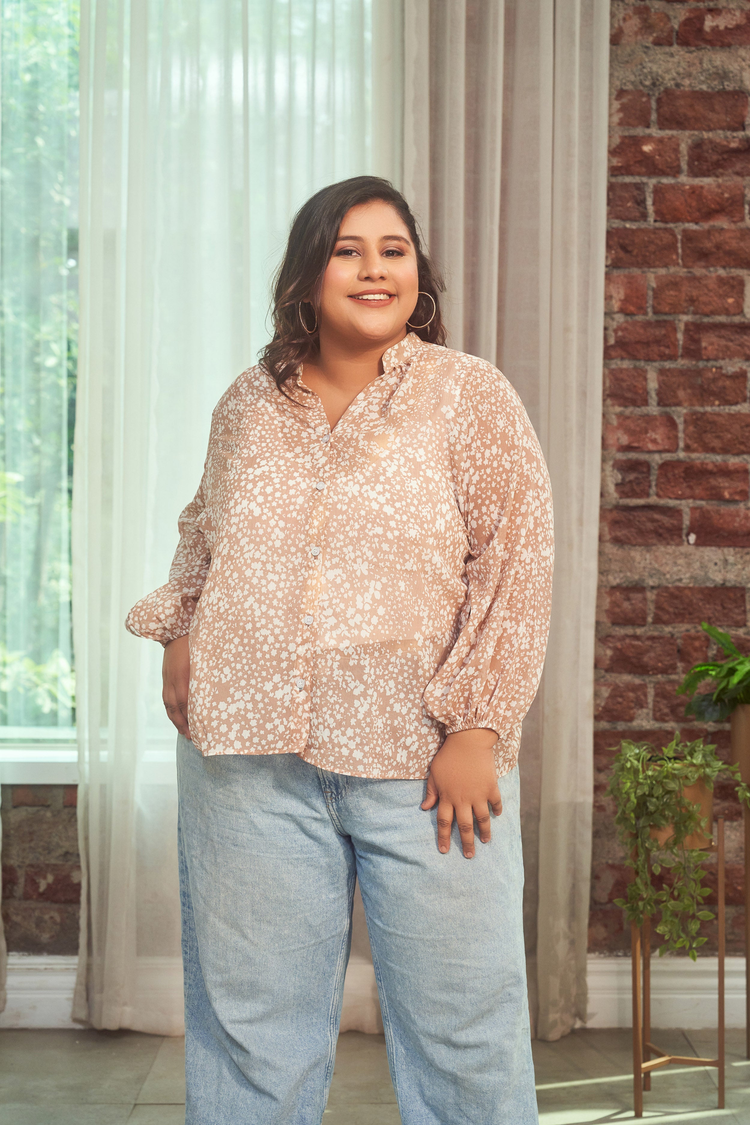 Coffee Printed Collared Georgette Shirt (ONLY SHIRT)