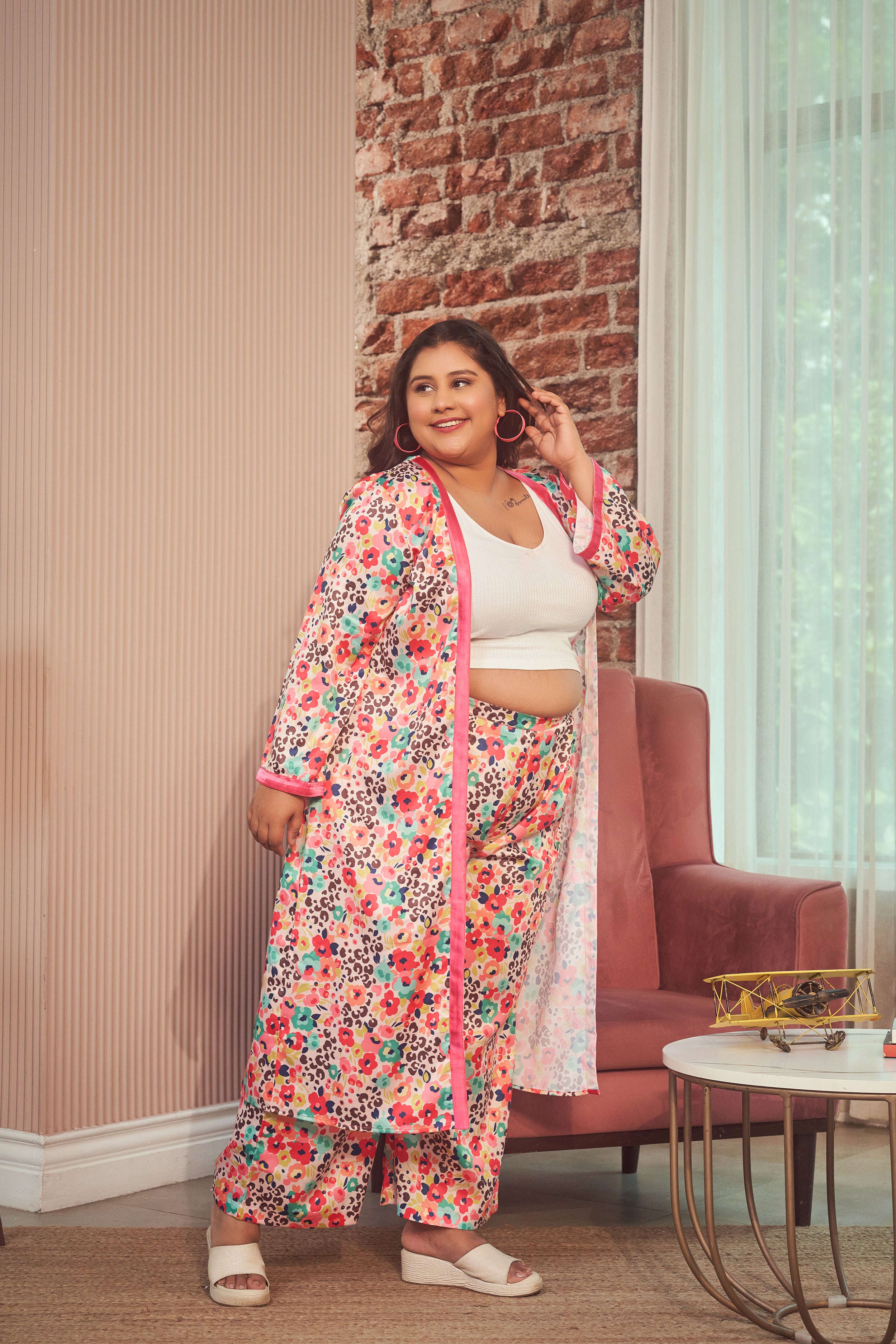 PEACH PRINTED  SATIN MID-RISE TAPERED PALAZZOS