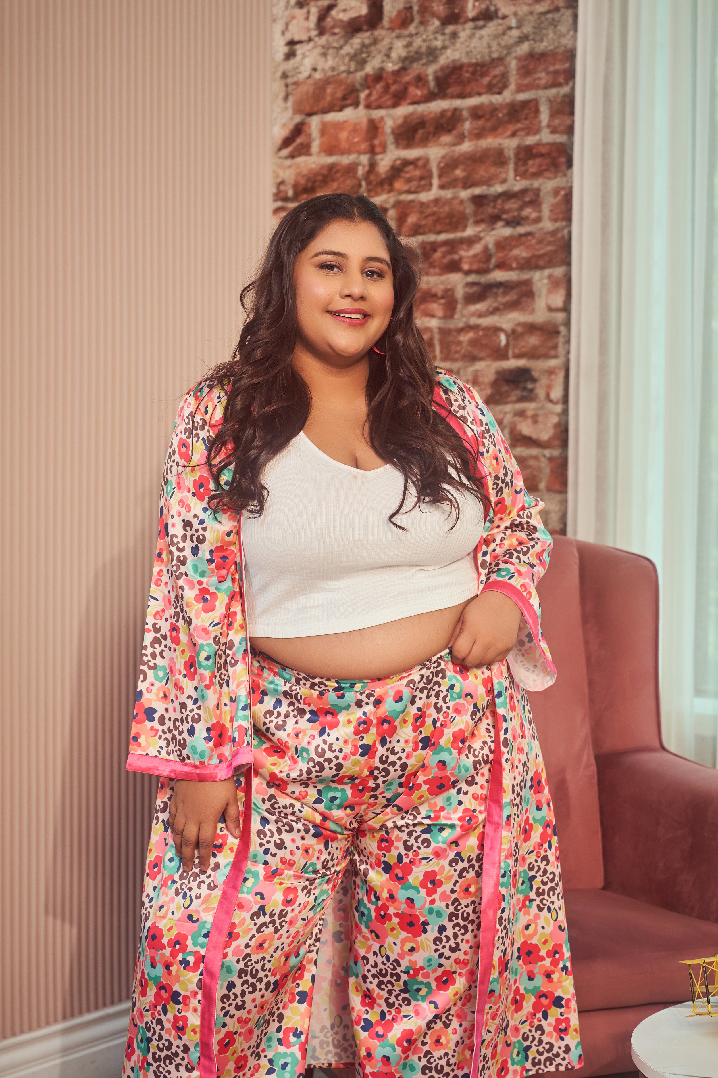 PEACH PRINTED  SATIN MID-RISE TAPERED PALAZZOS