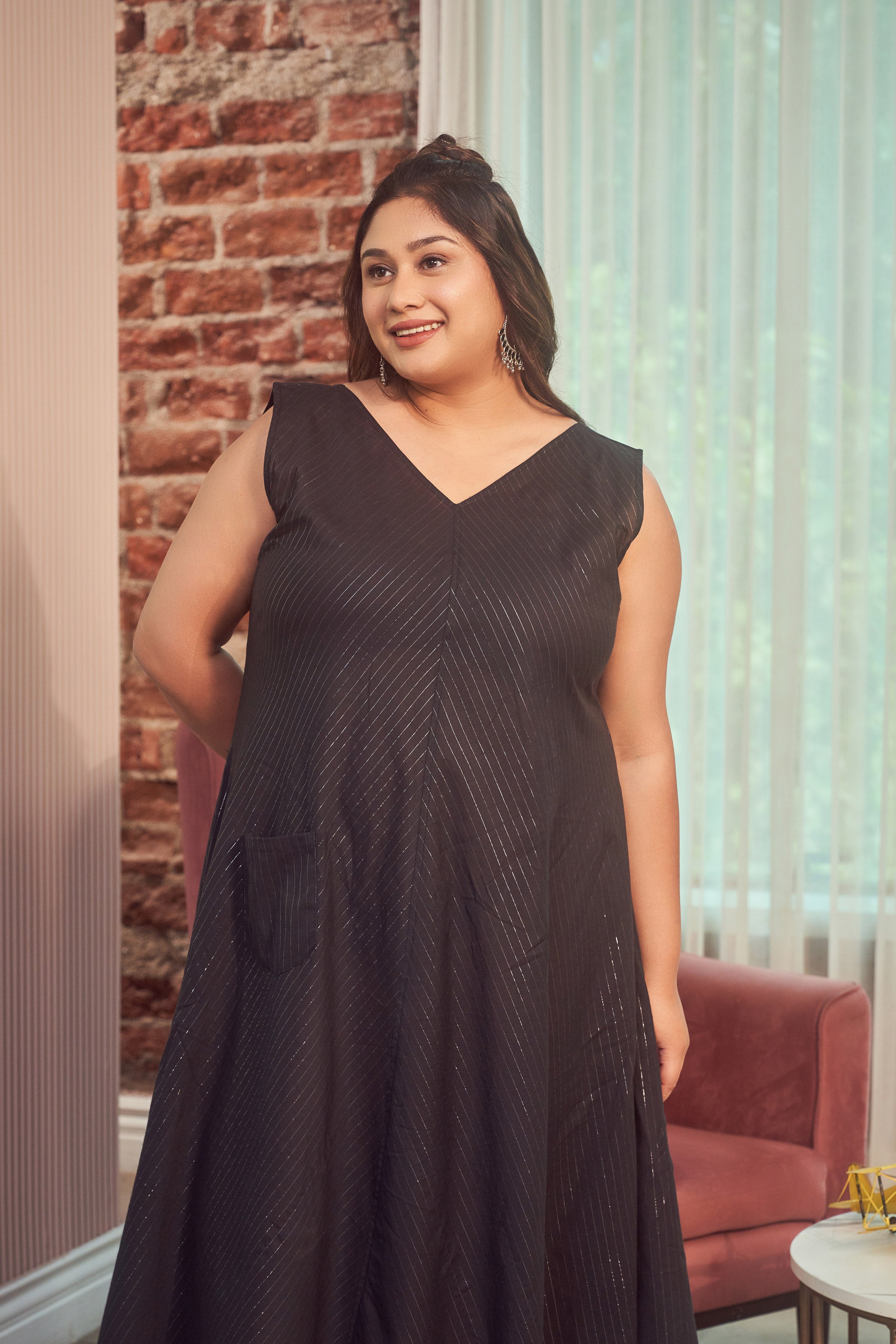 Black Cotton Lurex Maxi Anti Fit Dress