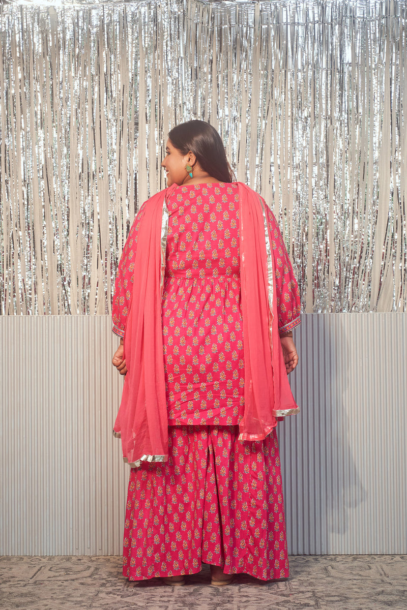 Pink Printed Cotton V-Neck Gota Sharara Set