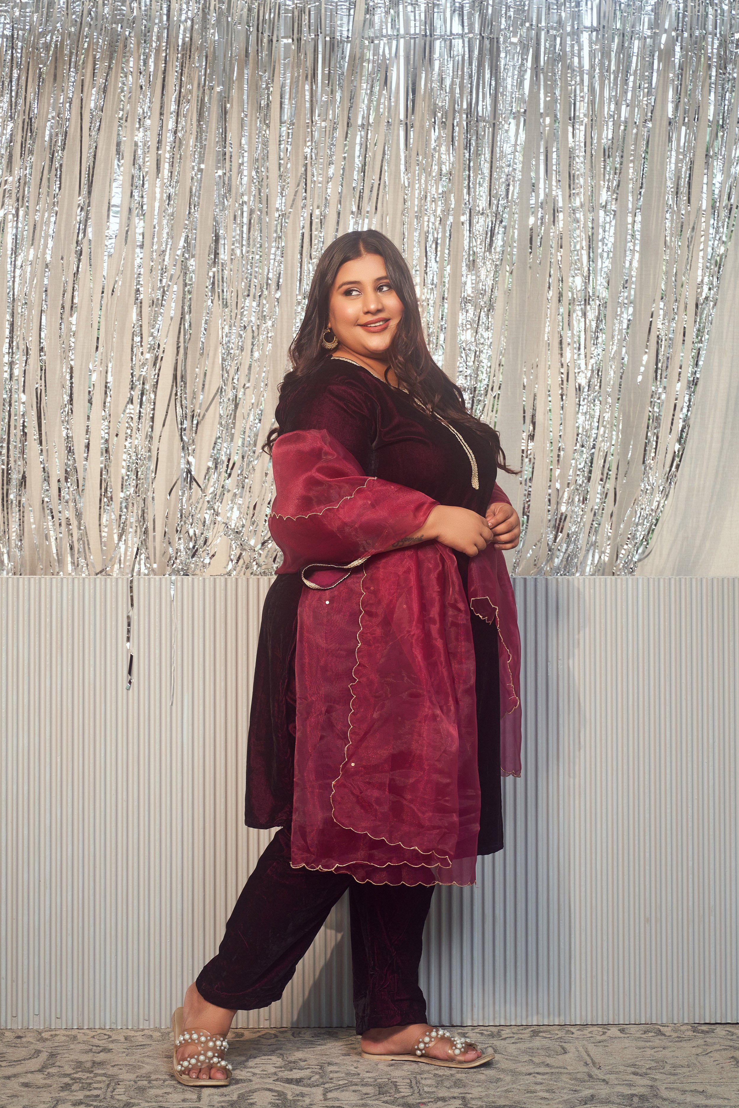 Wine Velvet Kurta Set - (Set of 3)