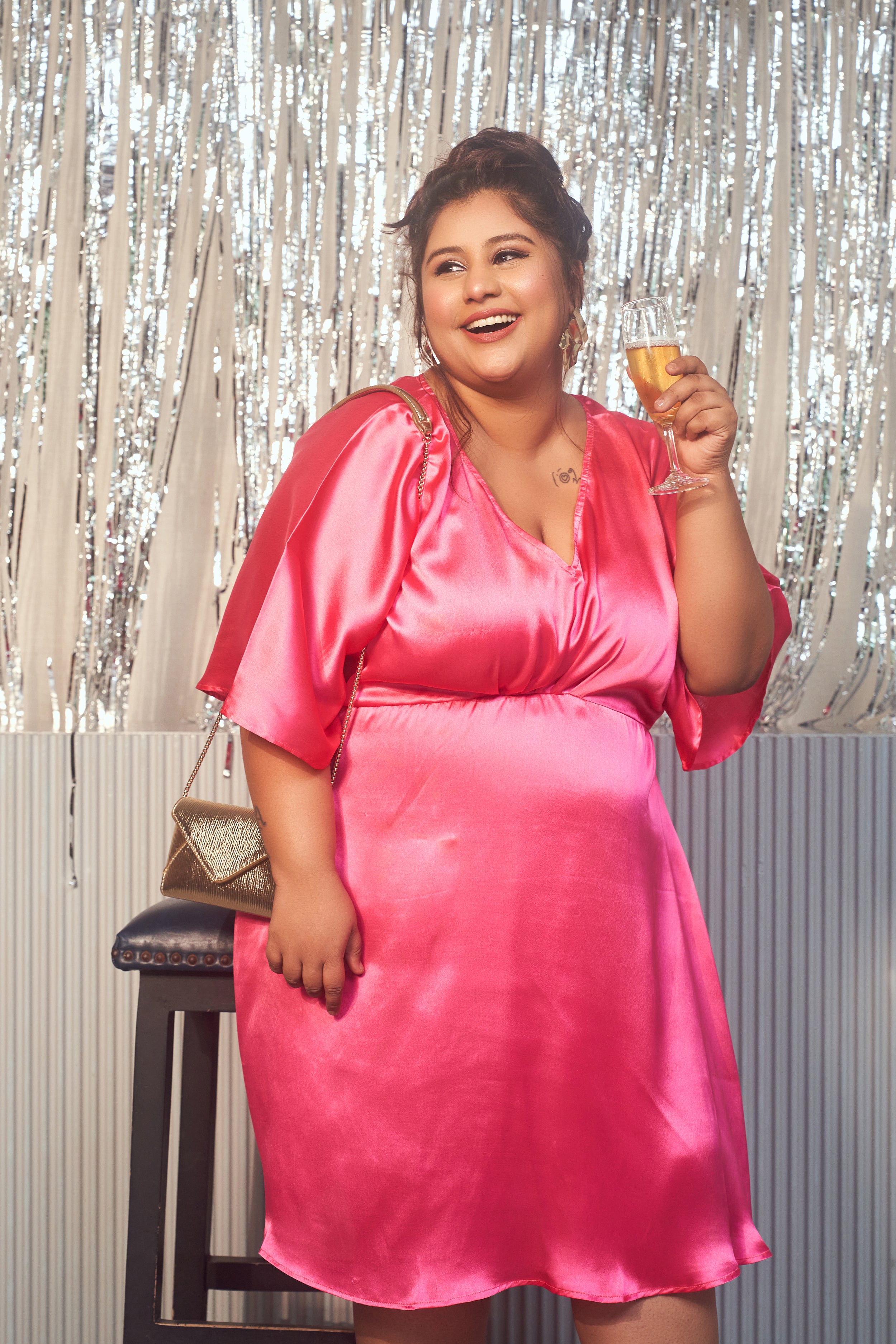 PINK SATIN KIMONO SLEEVE DRESS