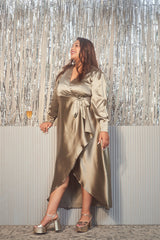 OLIVE SATIN WRAP GOWN