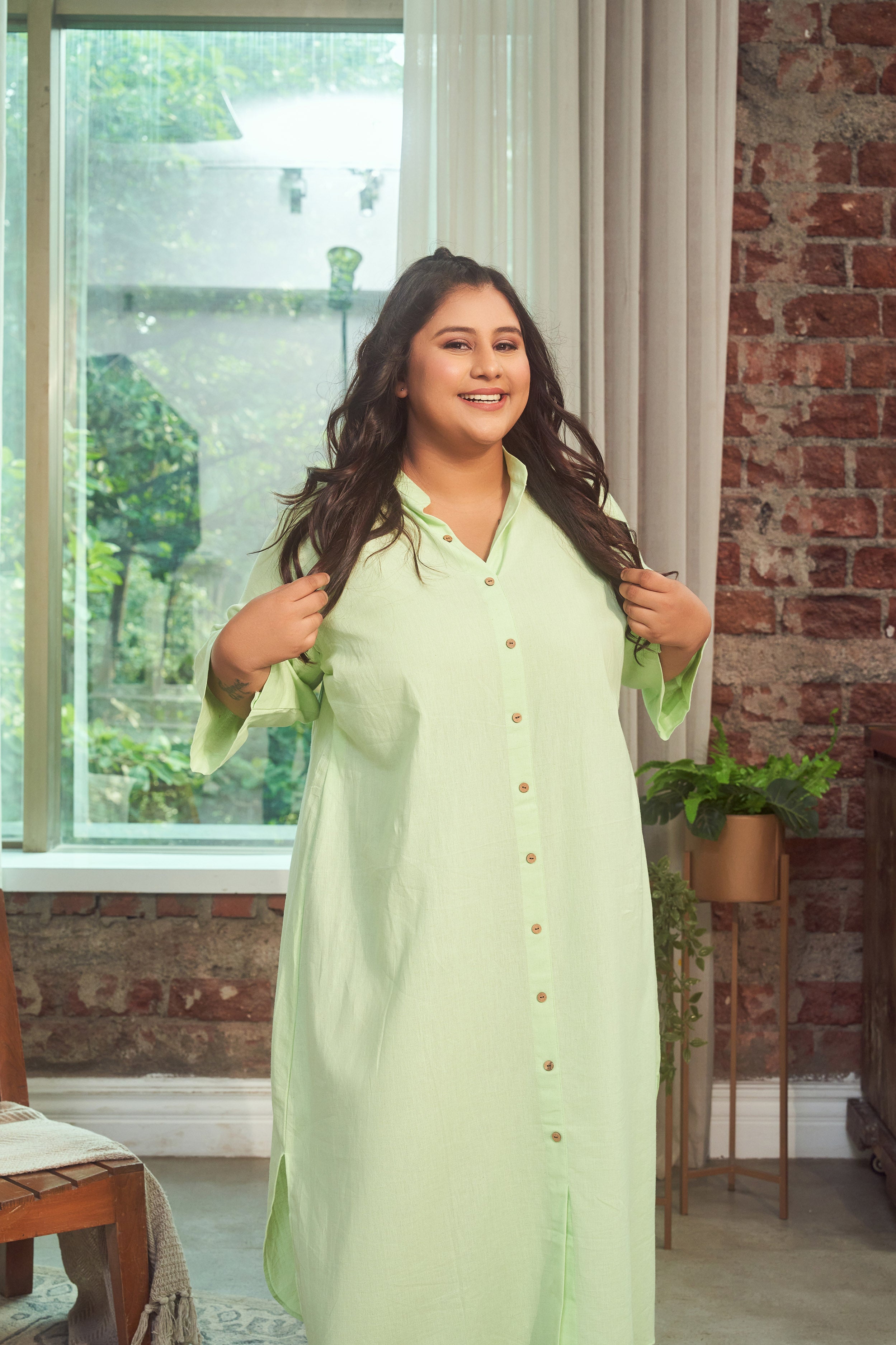 Mint Green Oversized button down Linen Maxi Dress
