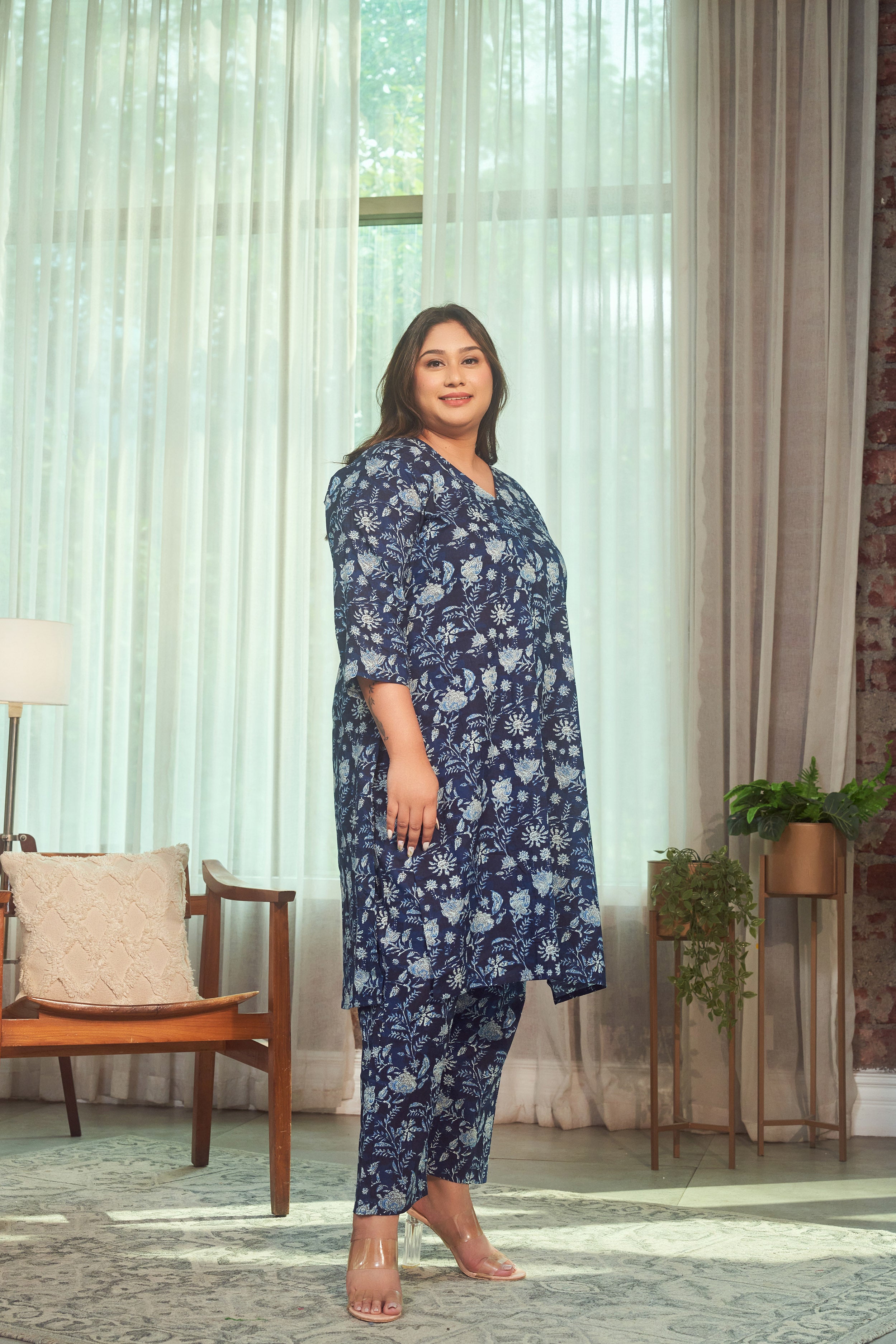 Navy Blue Floral Kurta Co-Ord Set