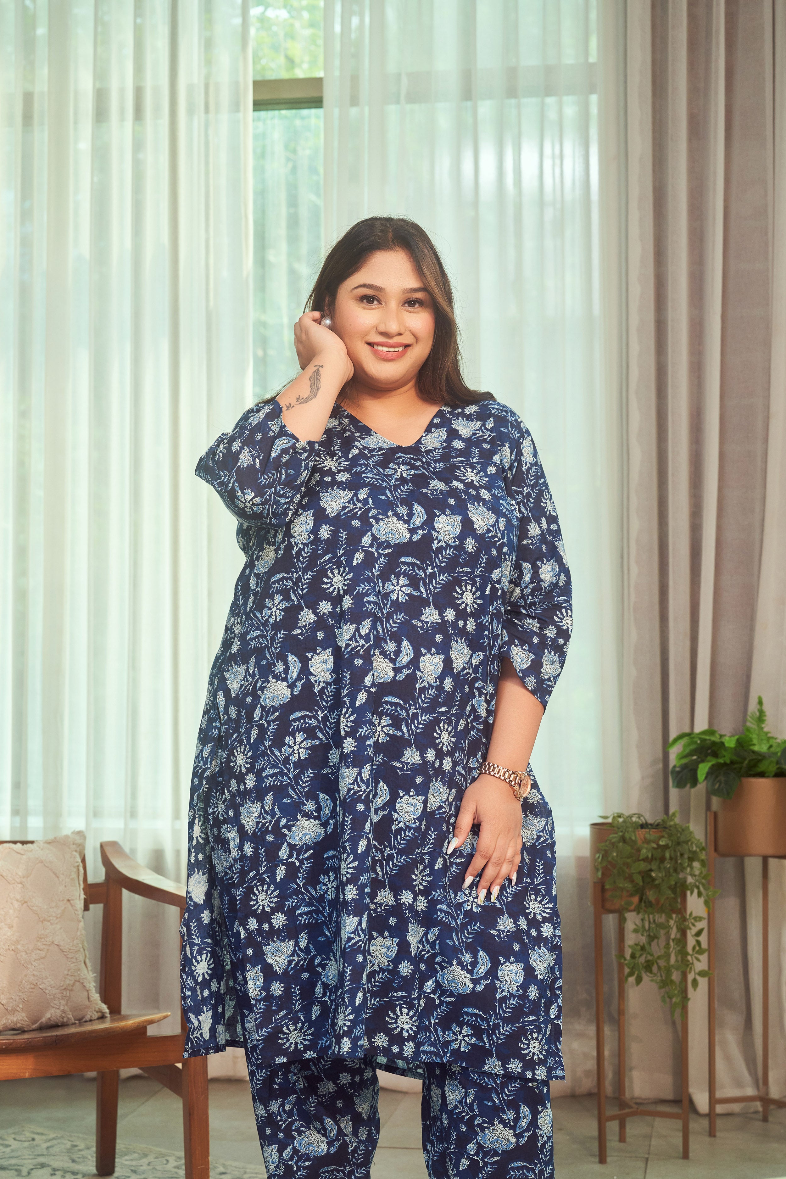 Navy Blue Floral Kurta Co-Ord Set