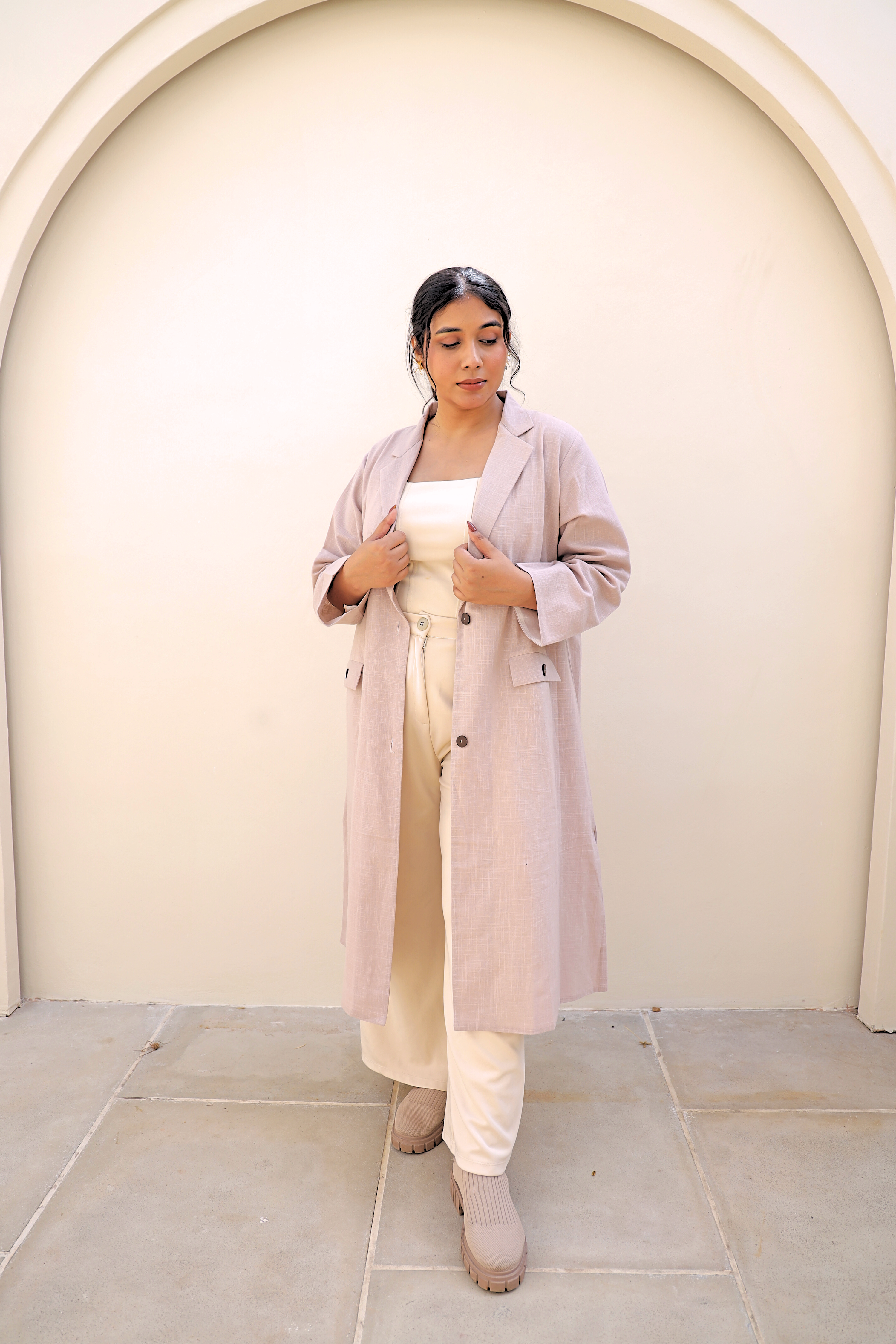 Tailored Dust Pink Cotton Slub Longline Blazer