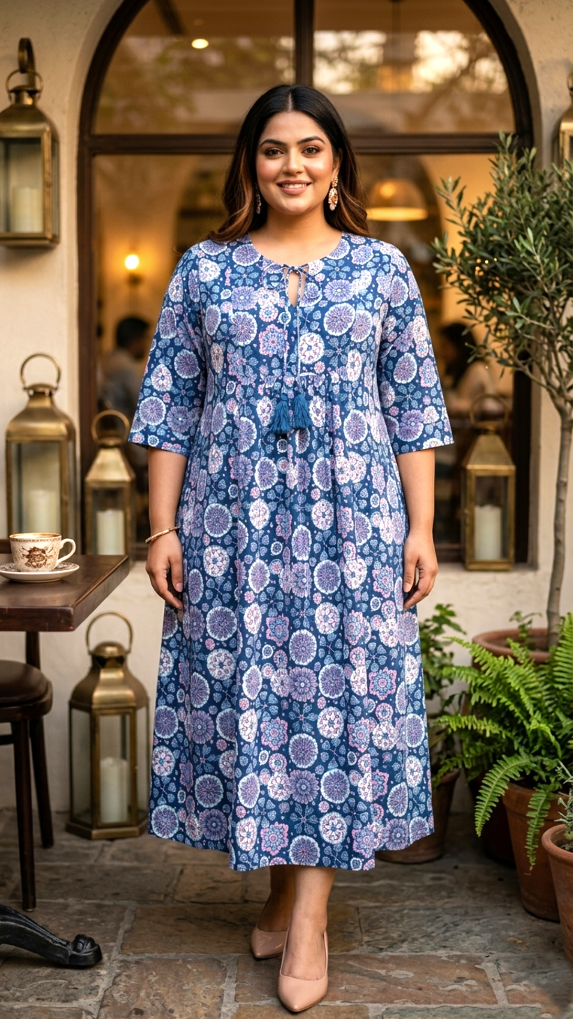 Plus Size Blue Floral Printed Cotton Dress for Women – Elegant Casual Wear