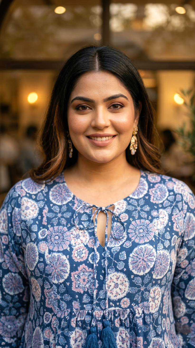 Plus Size Blue Floral Printed Cotton Dress for Women – Elegant Casual Wear