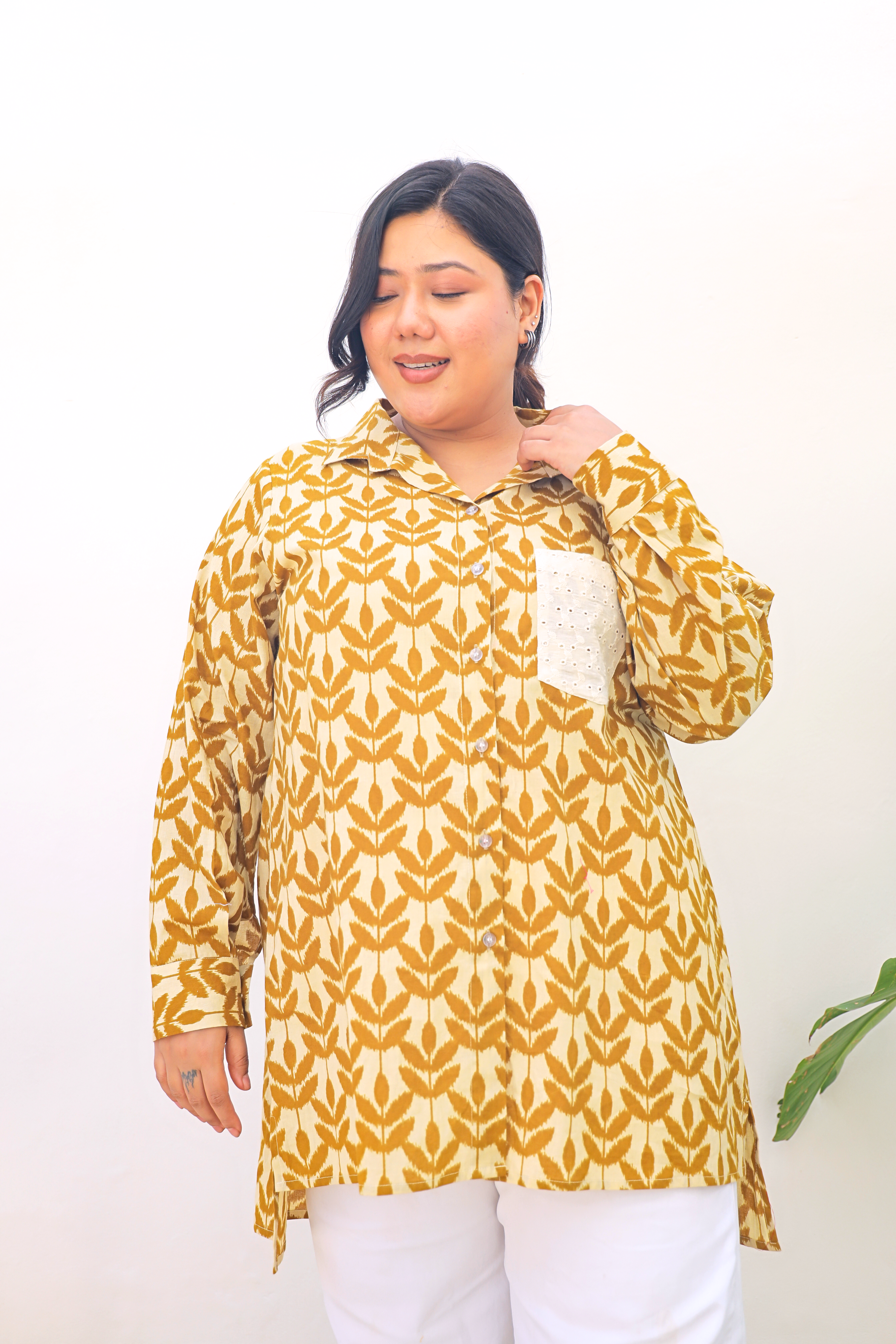 Printed Cambric Cotton Longline Shacket – Mustard Leaf