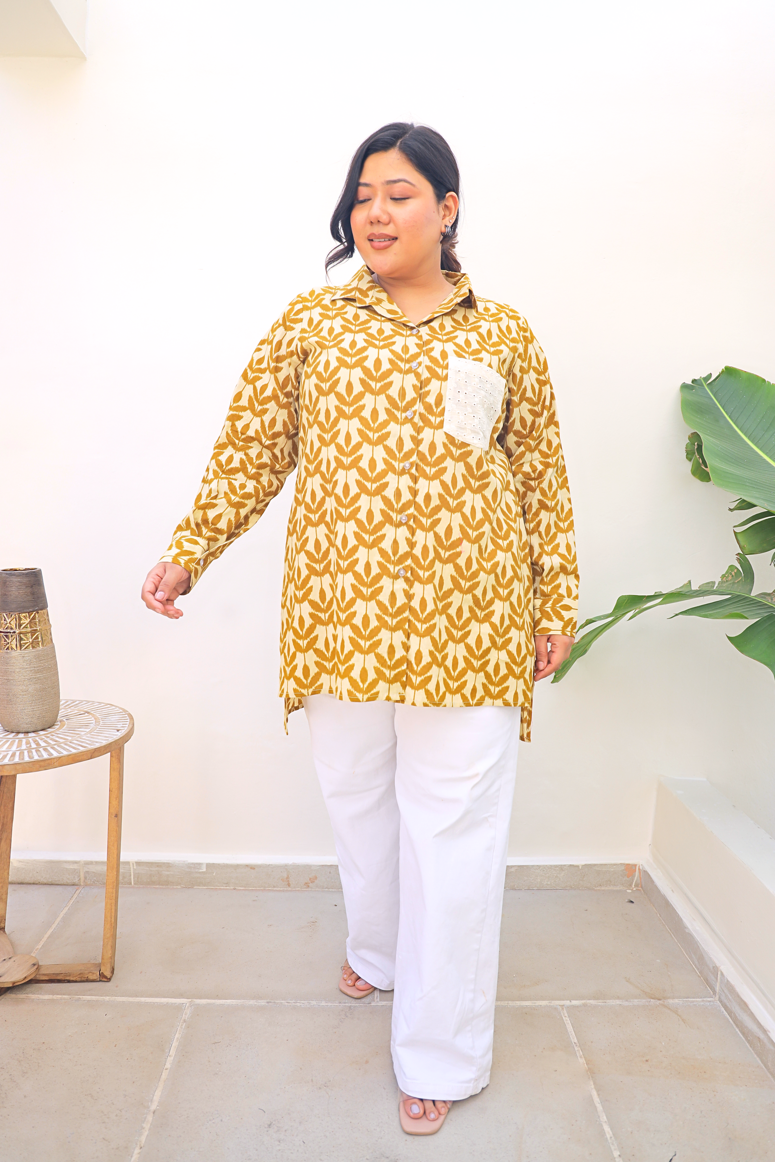 Printed Cambric Cotton Longline Shacket – Mustard Leaf