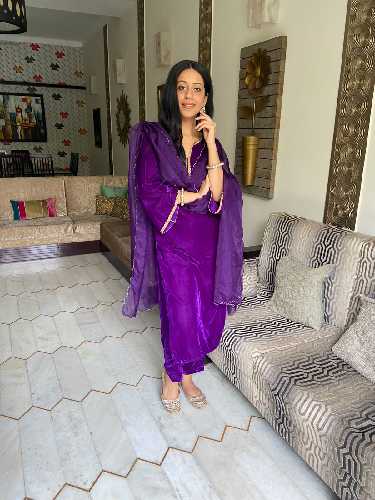 Purple Velvet Kurta Set - (Set of 3)