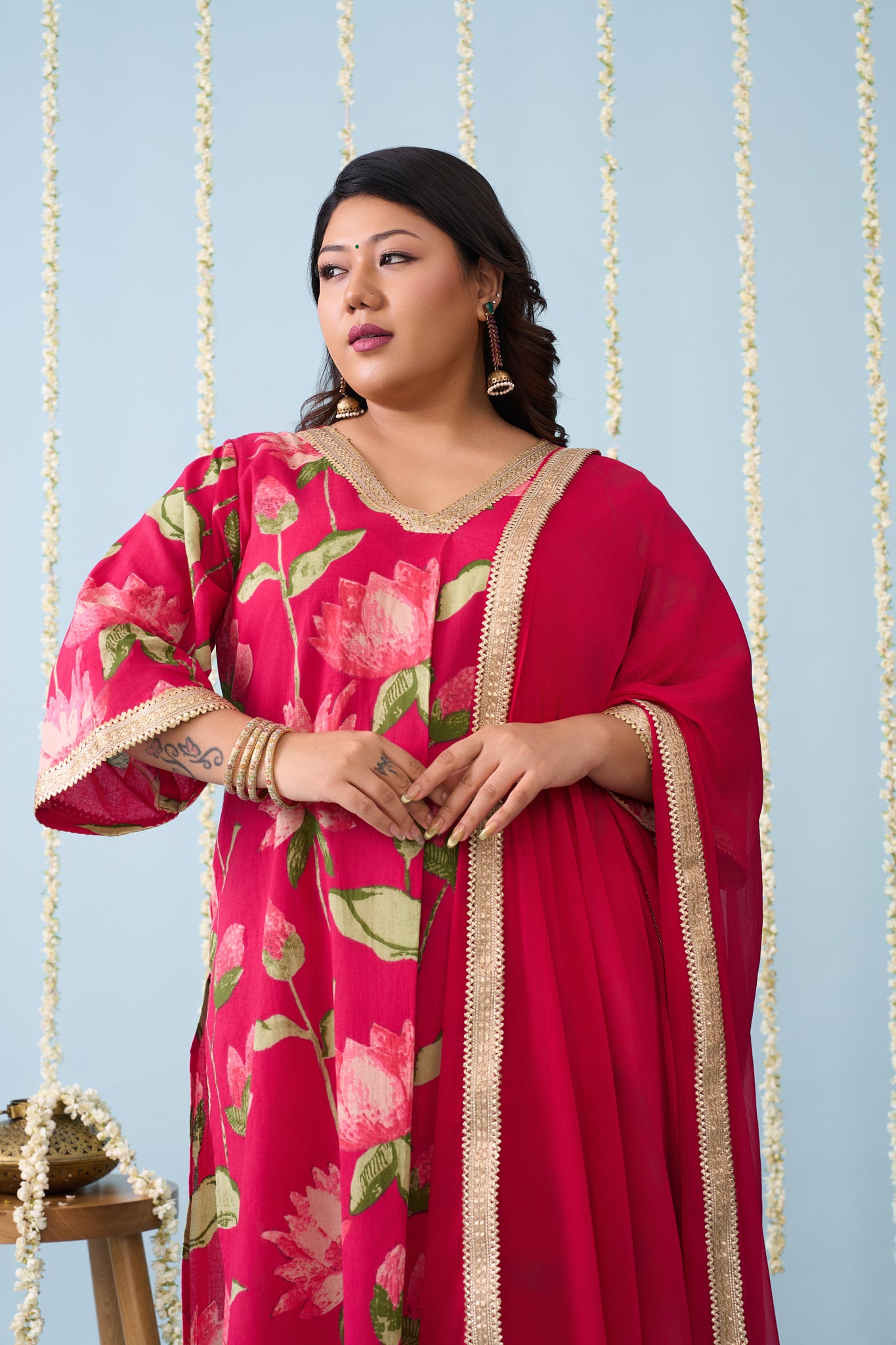 Lotus Motif Fuschia Pink Kurta Set (3 Pc)