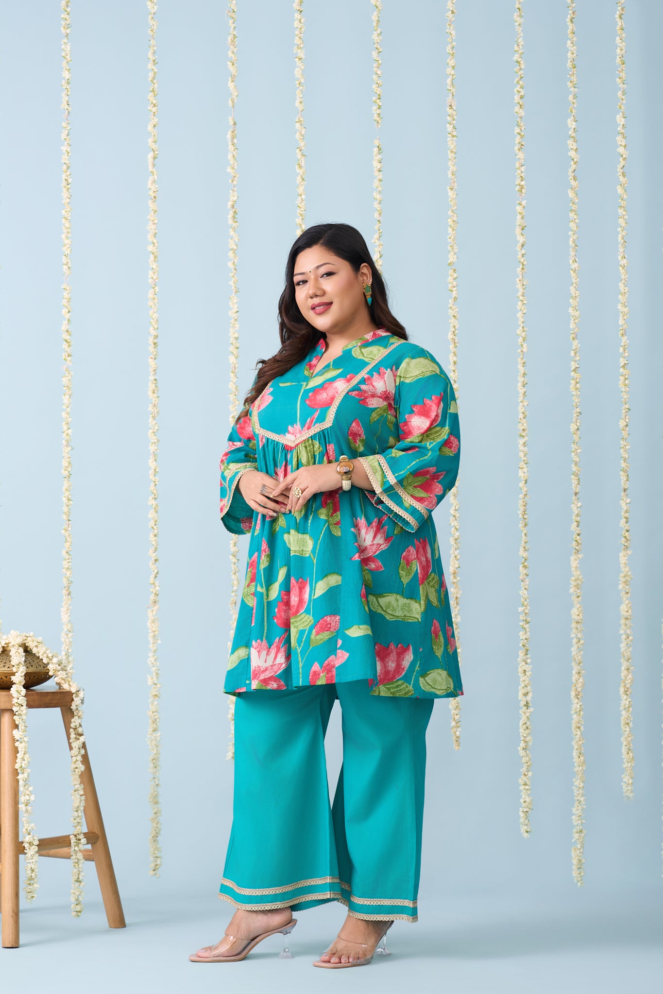 Rama Green Festive Co-ord Set With Bright Floral Print