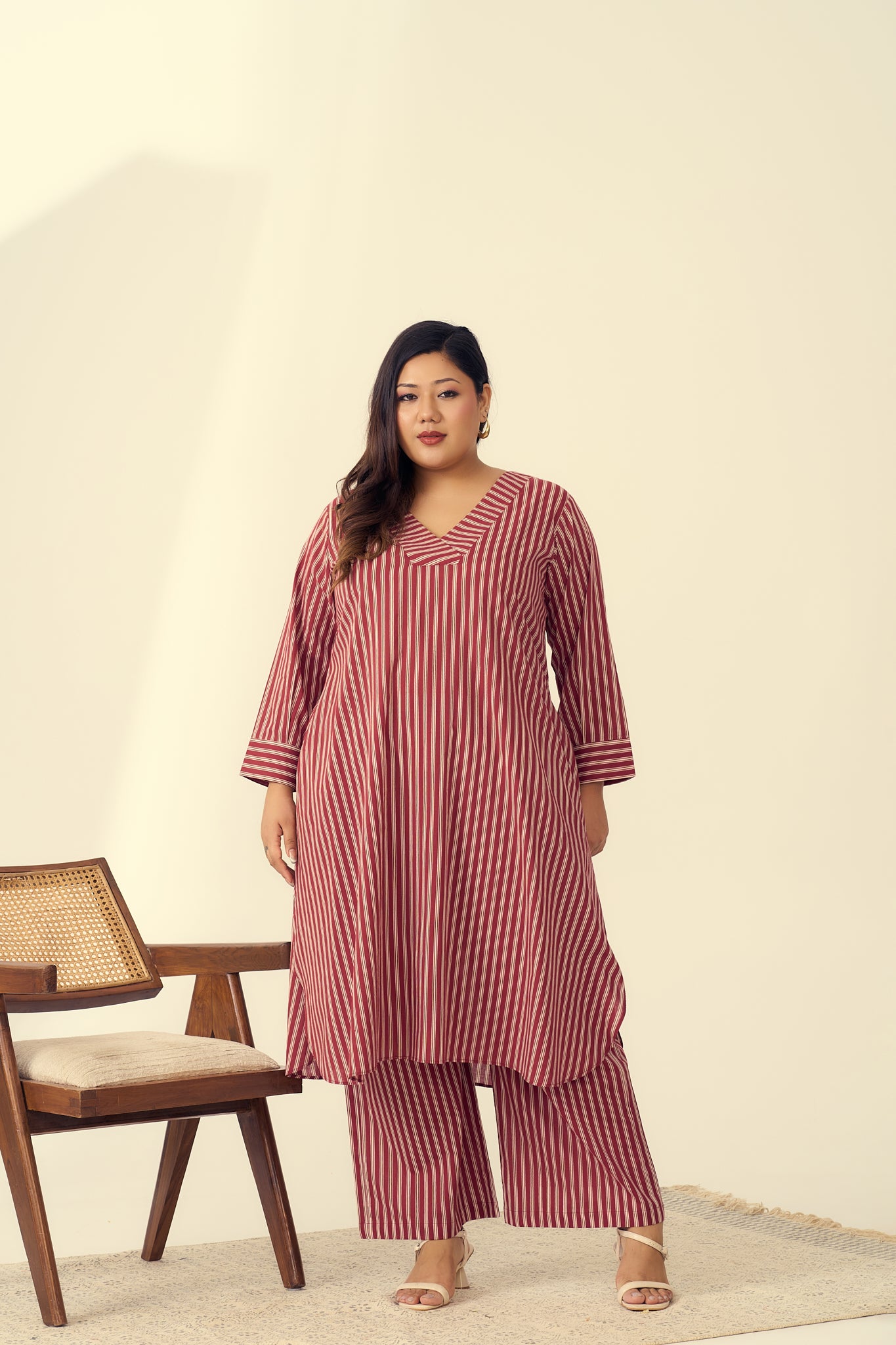 Deep Red Striped Cotton Co-ord Set