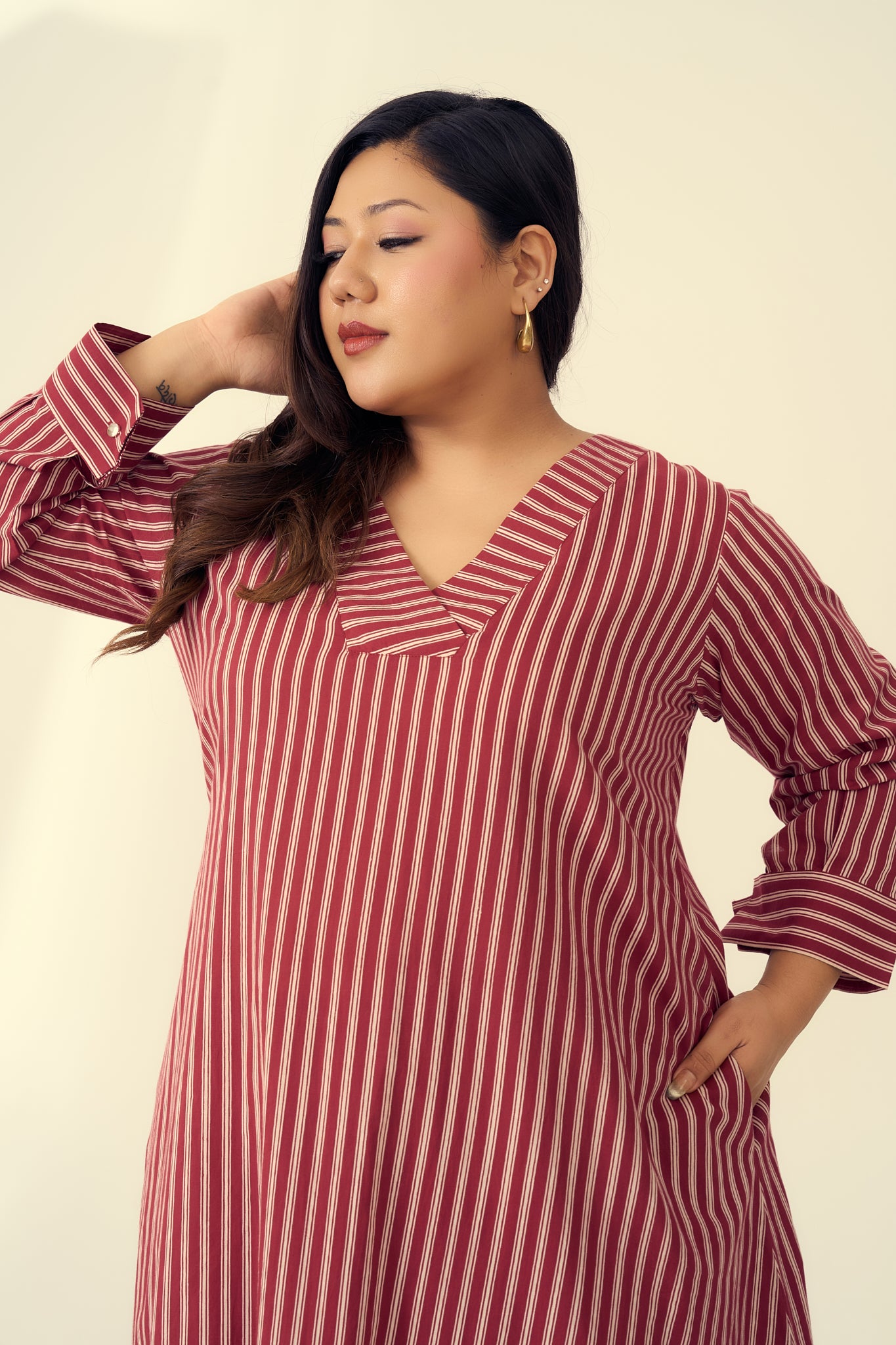 Deep Red Striped Cotton Co-ord Set