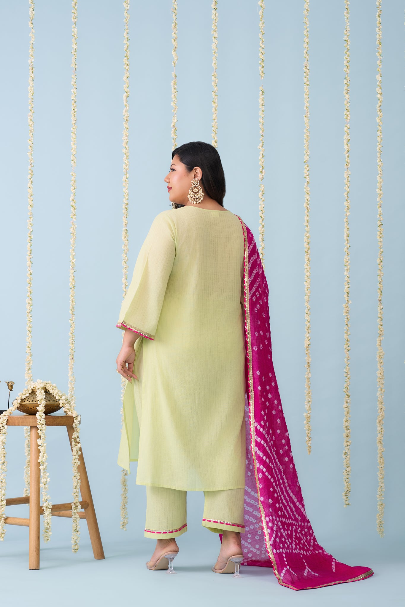 Lime Kurta Suit Set with Pink Bandhani Dupatta