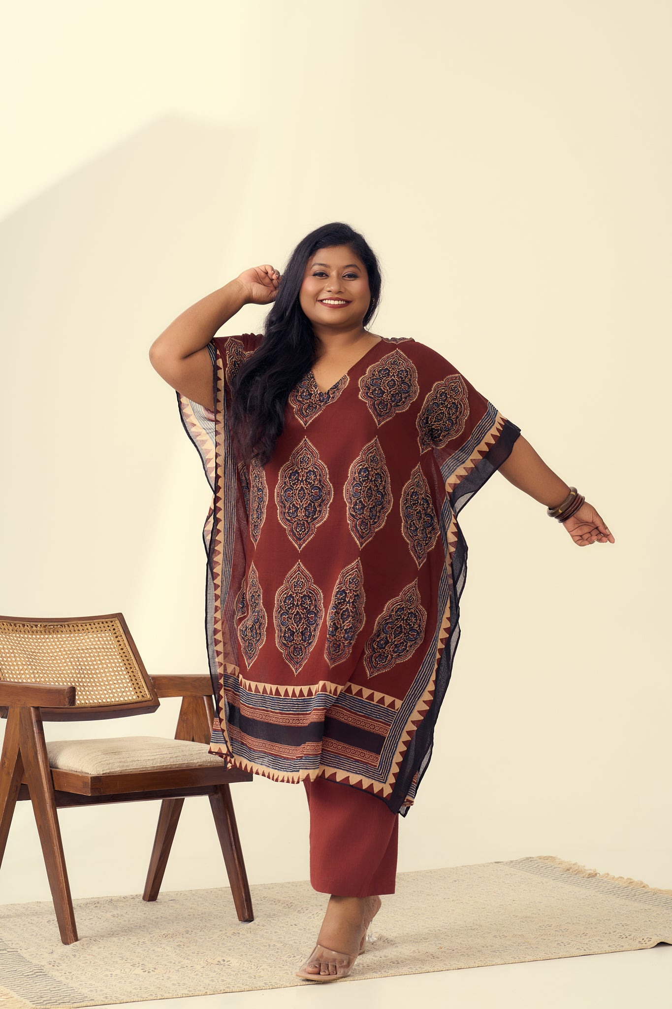 Rust Kaftan Co-ord Set With Ethnic Print