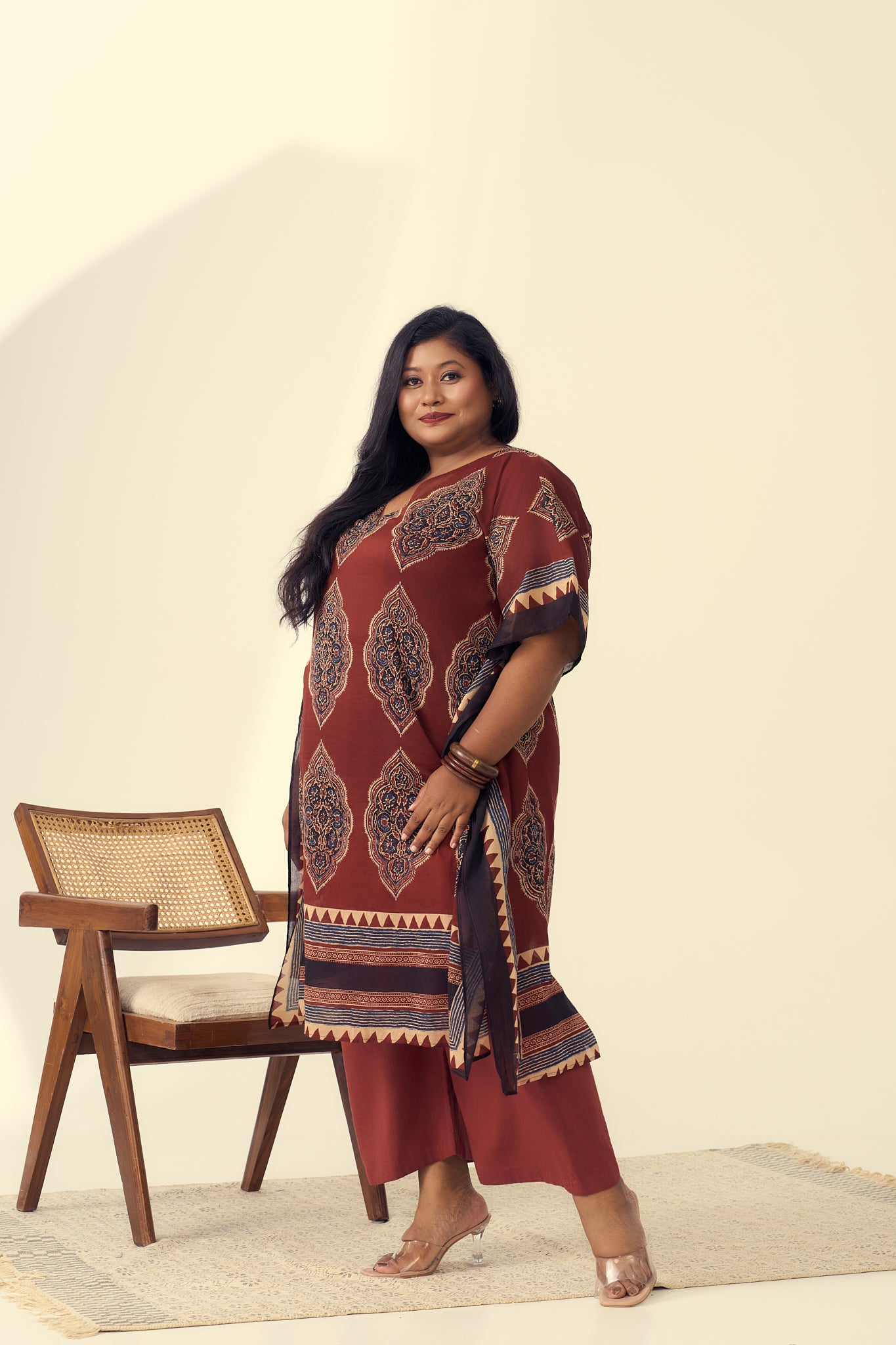 Rust Kaftan Co-ord Set With Ethnic Print