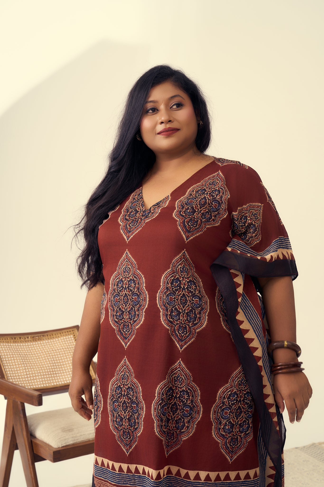 Rust Kaftan Co-ord Set With Ethnic Print