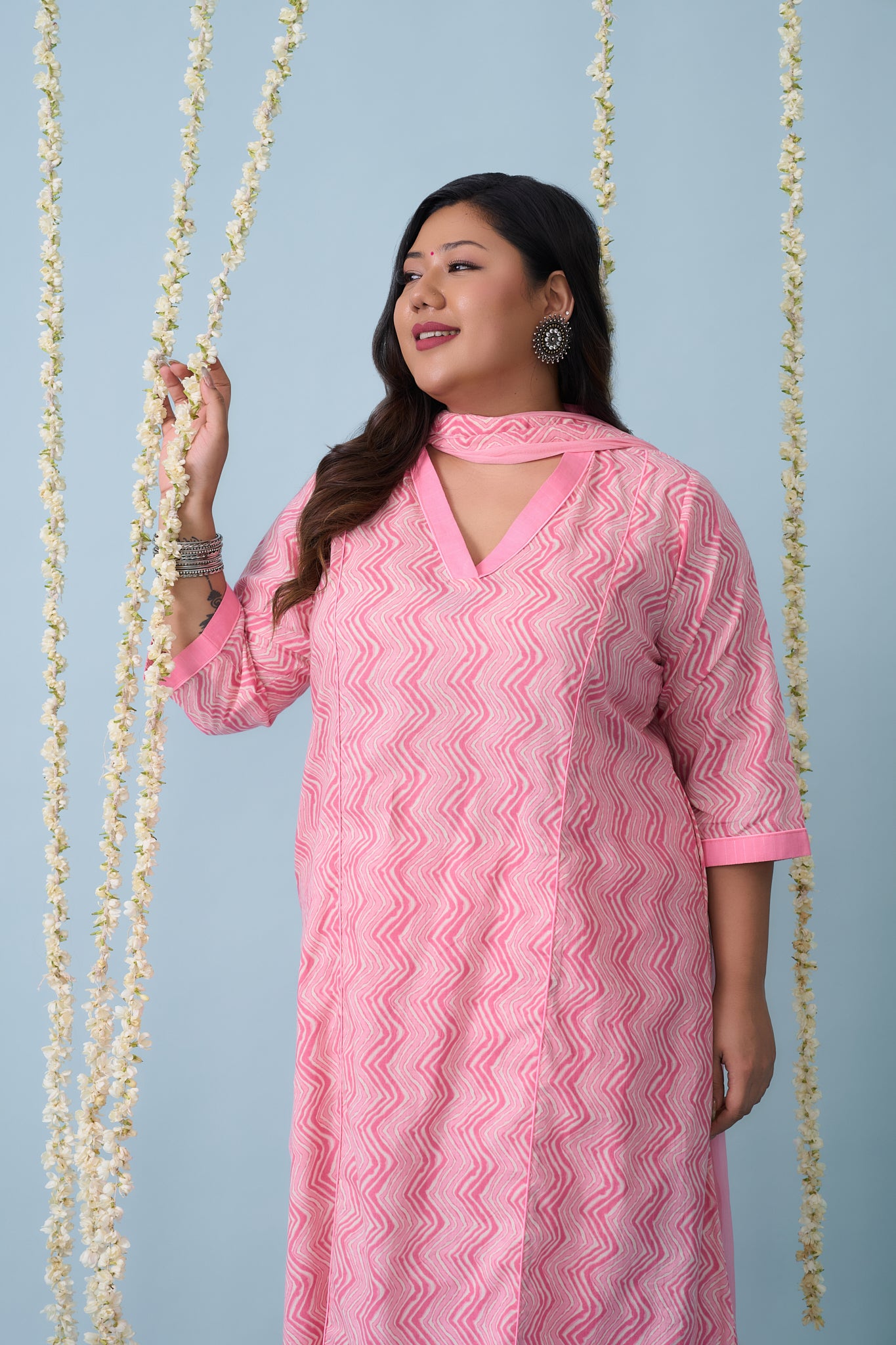 Pink Chevron Cotton Kurta Suit Set (3 Pc)
