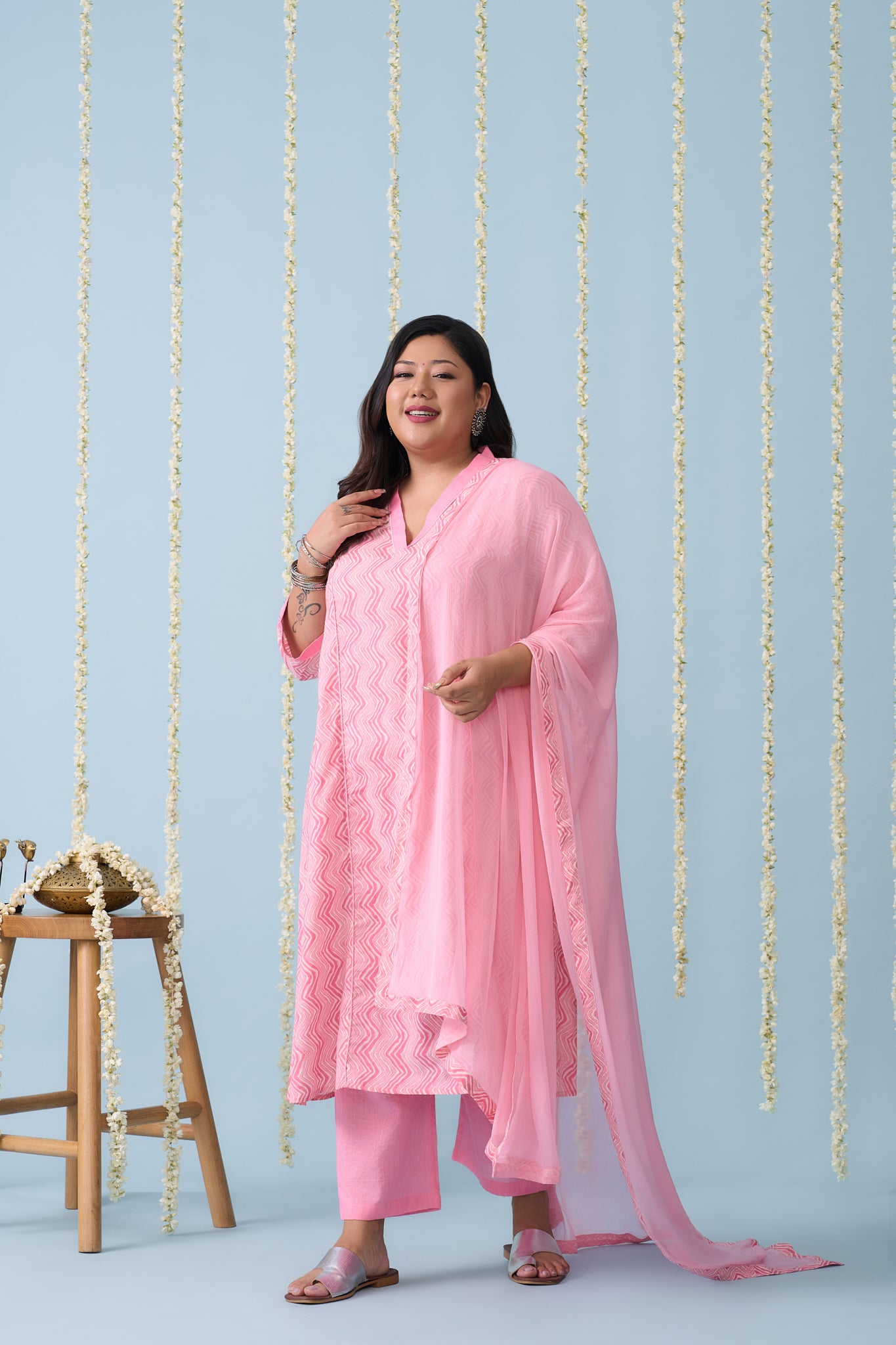 Pink Chevron Cotton Kurta Suit Set (3 Pc)