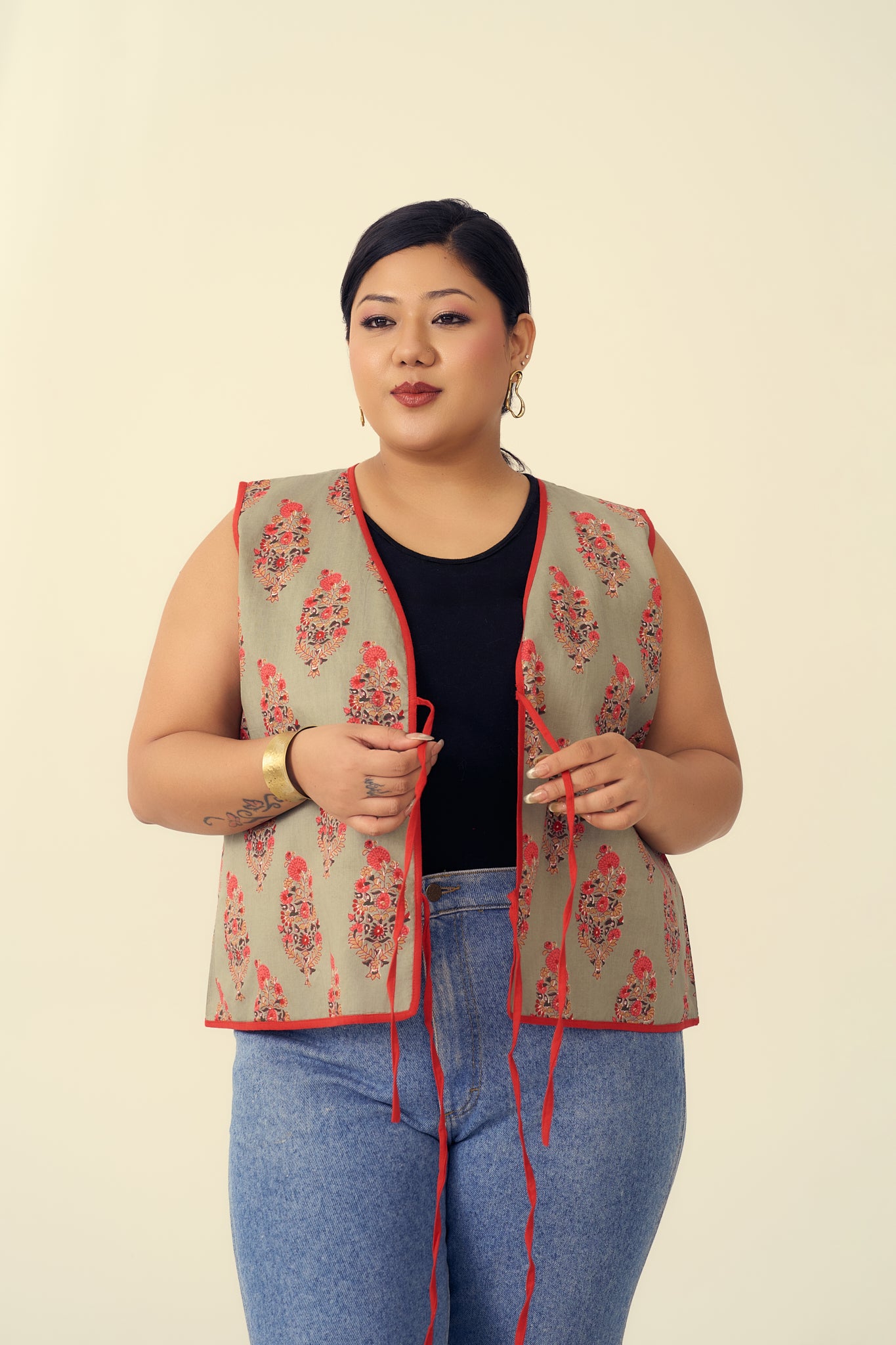 Olive and Coral Sleeveless Cotton Jacket