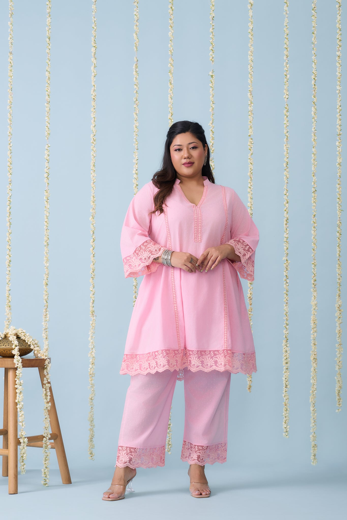 Baby Pink Festive Co-ord Set With Crochet Organza Lace