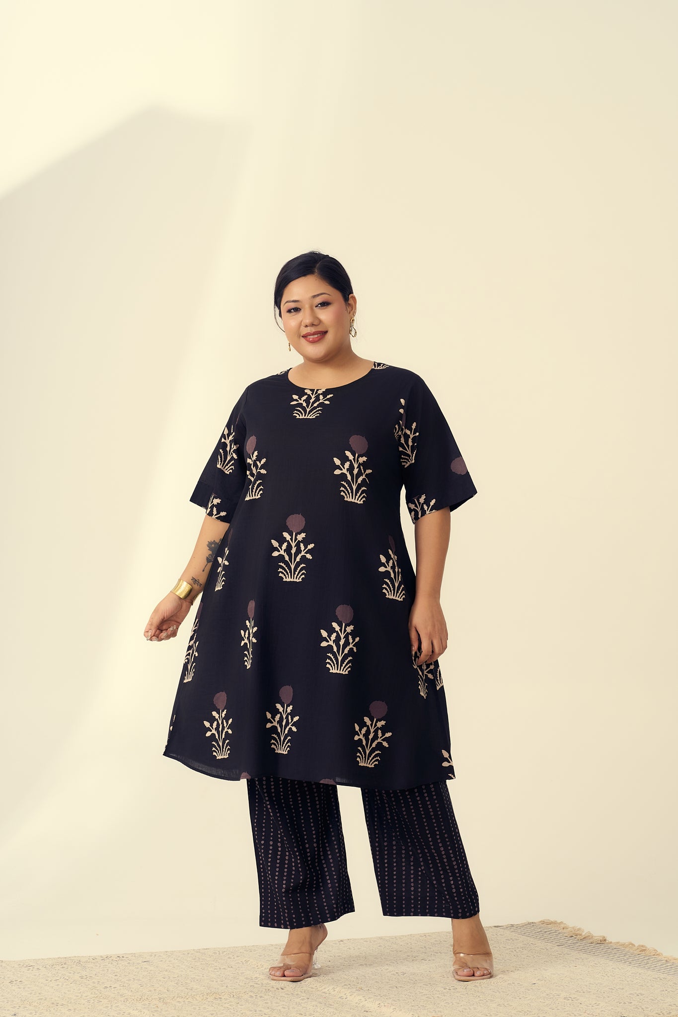 Black Bagru Print Boota & Stripes Co-ord set