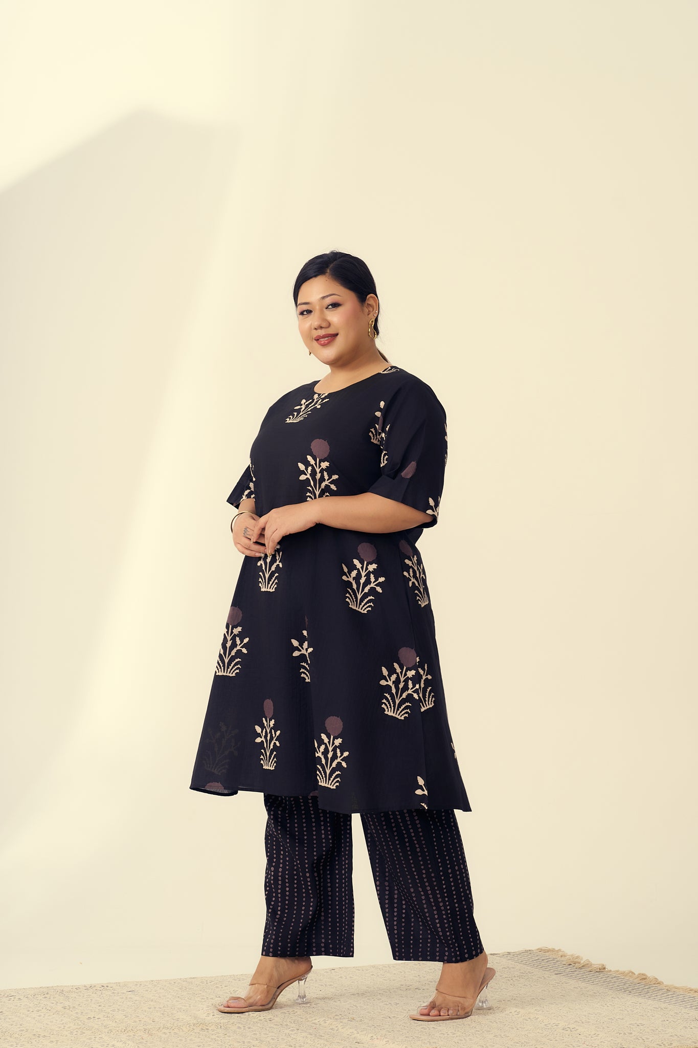 Black Bagru Print Boota & Stripes Co-ord set