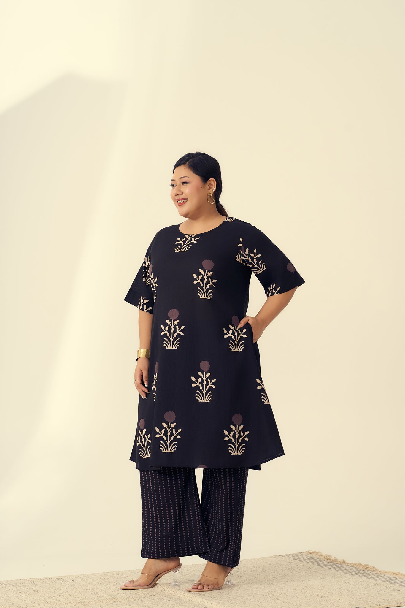 Black Bagru Print Boota & Stripes Co-ord set