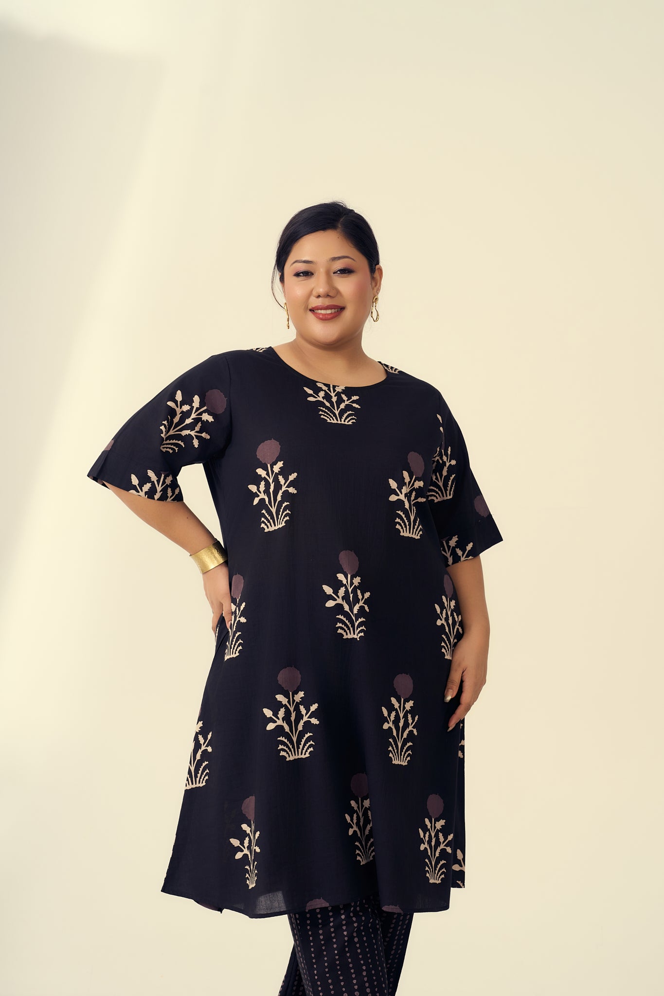 Black Bagru Print Boota & Stripes Co-ord set