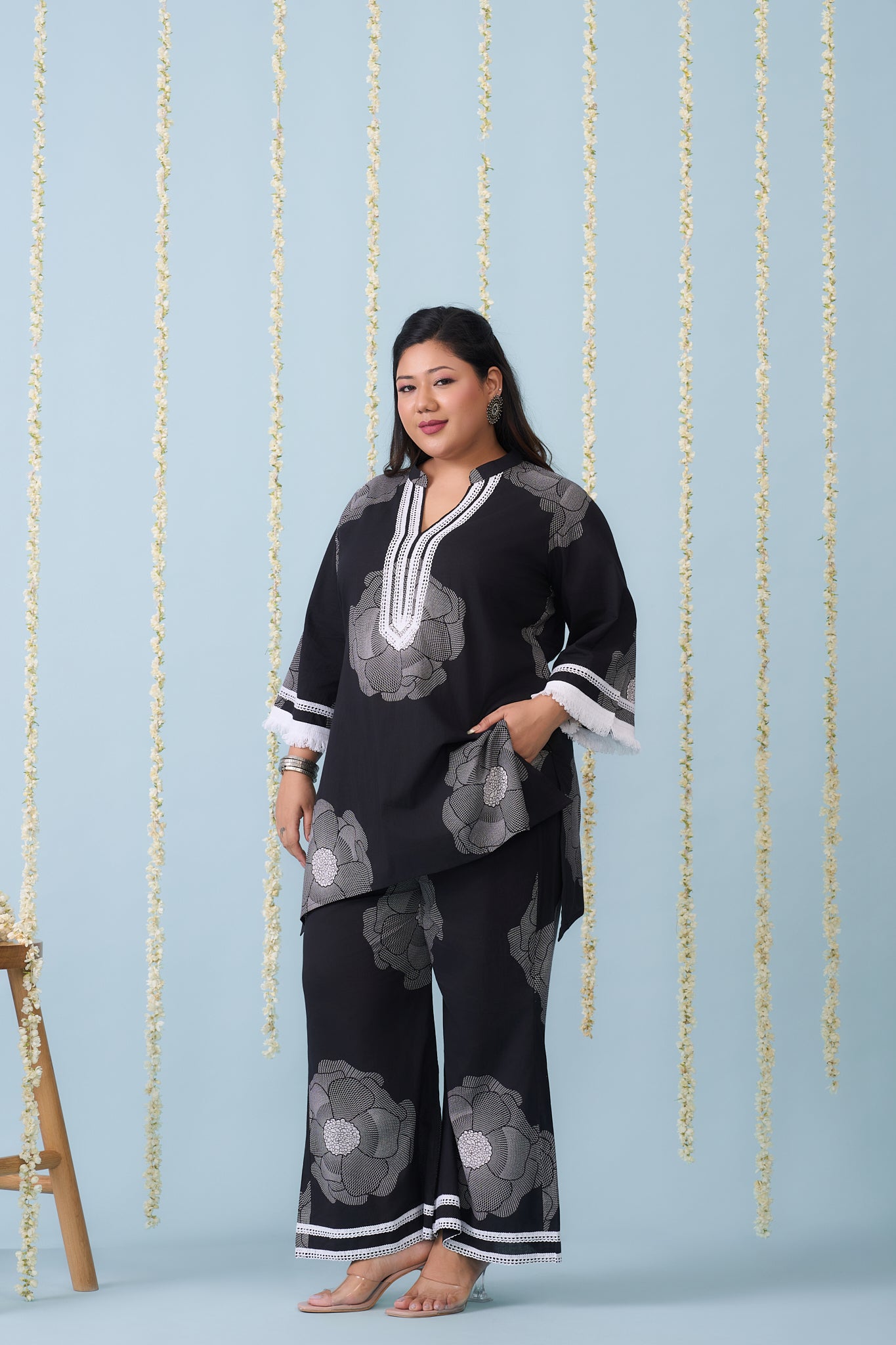 Black & White Co-ord Set With Floral Motifs