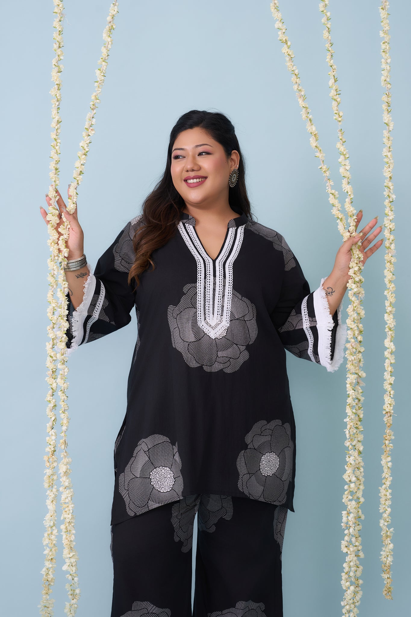 Black & White Co-ord Set With Floral Motifs