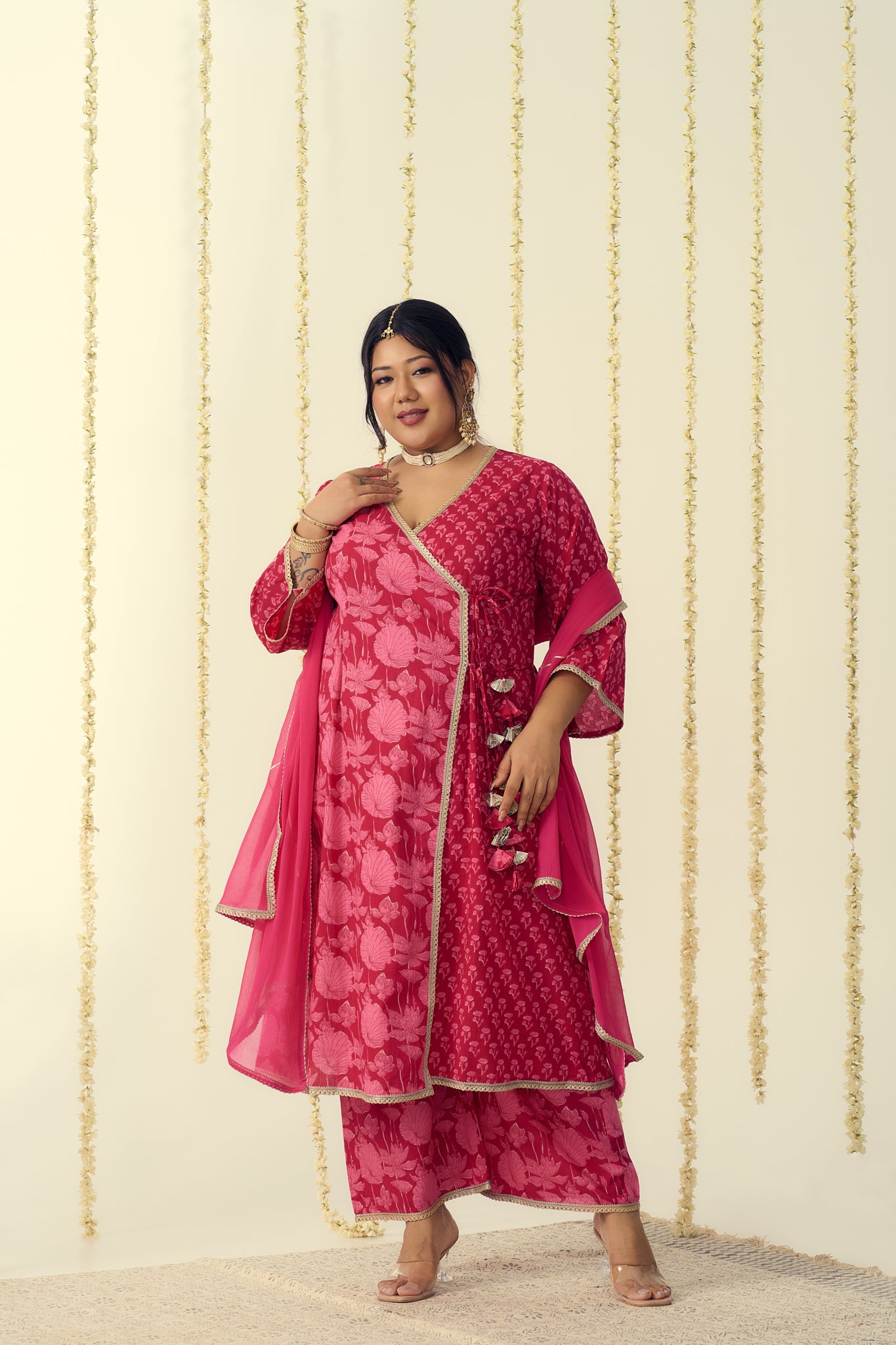 Vibrant Pink Angrakha Kurta Suit Set (3 Pc)