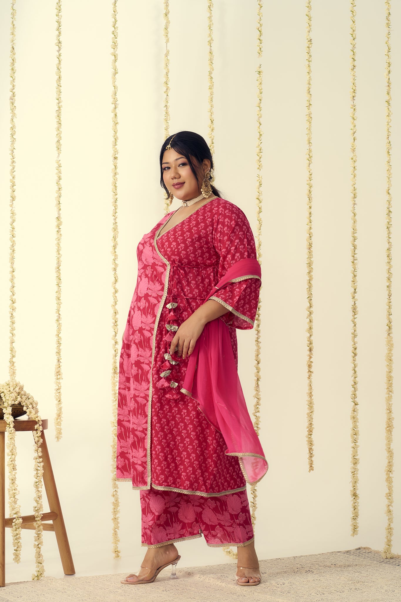 Vibrant Pink Angrakha Kurta Suit Set (3 Pc)